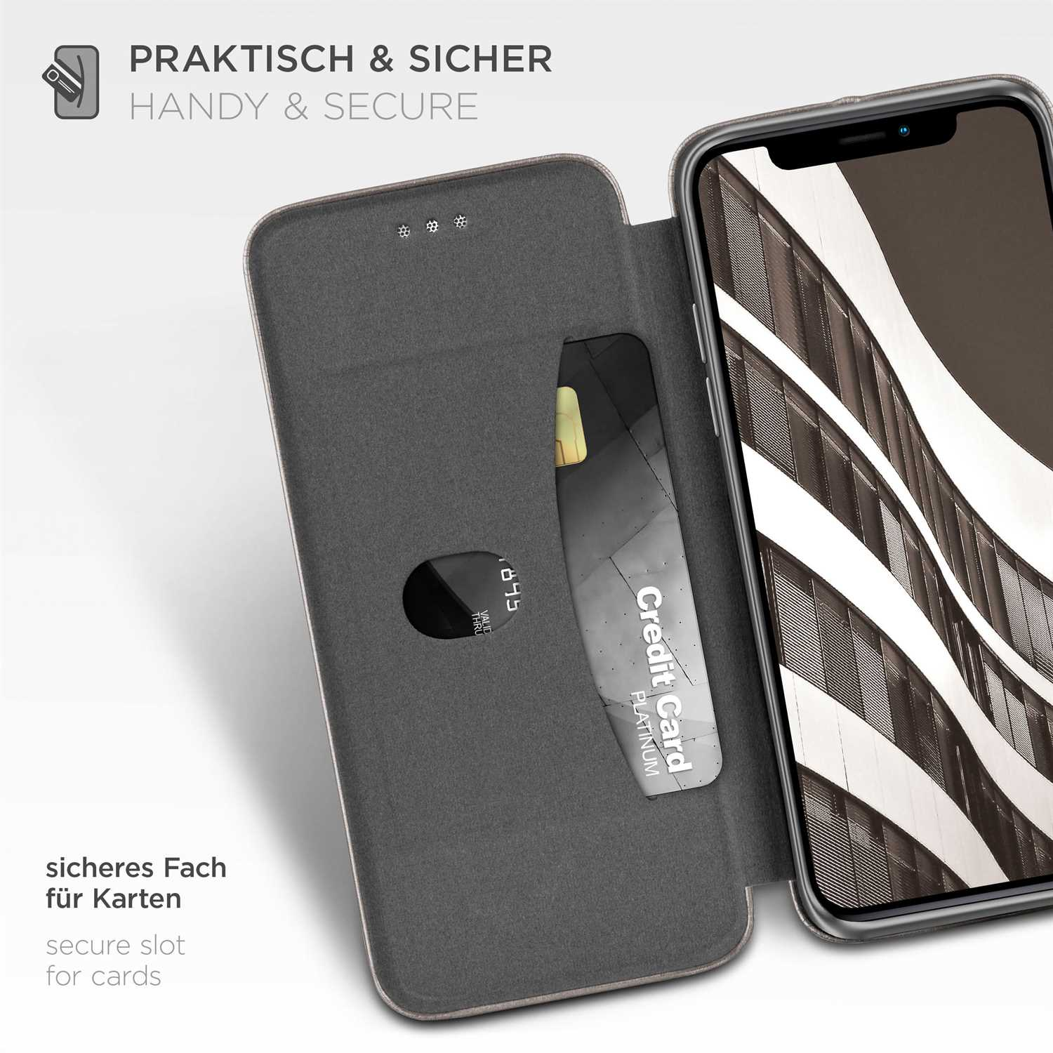 Eine Handytasche mit einer Kreditkarte im Schlitz, mit dem Text 'HANDY & SECURE' oben drauf.