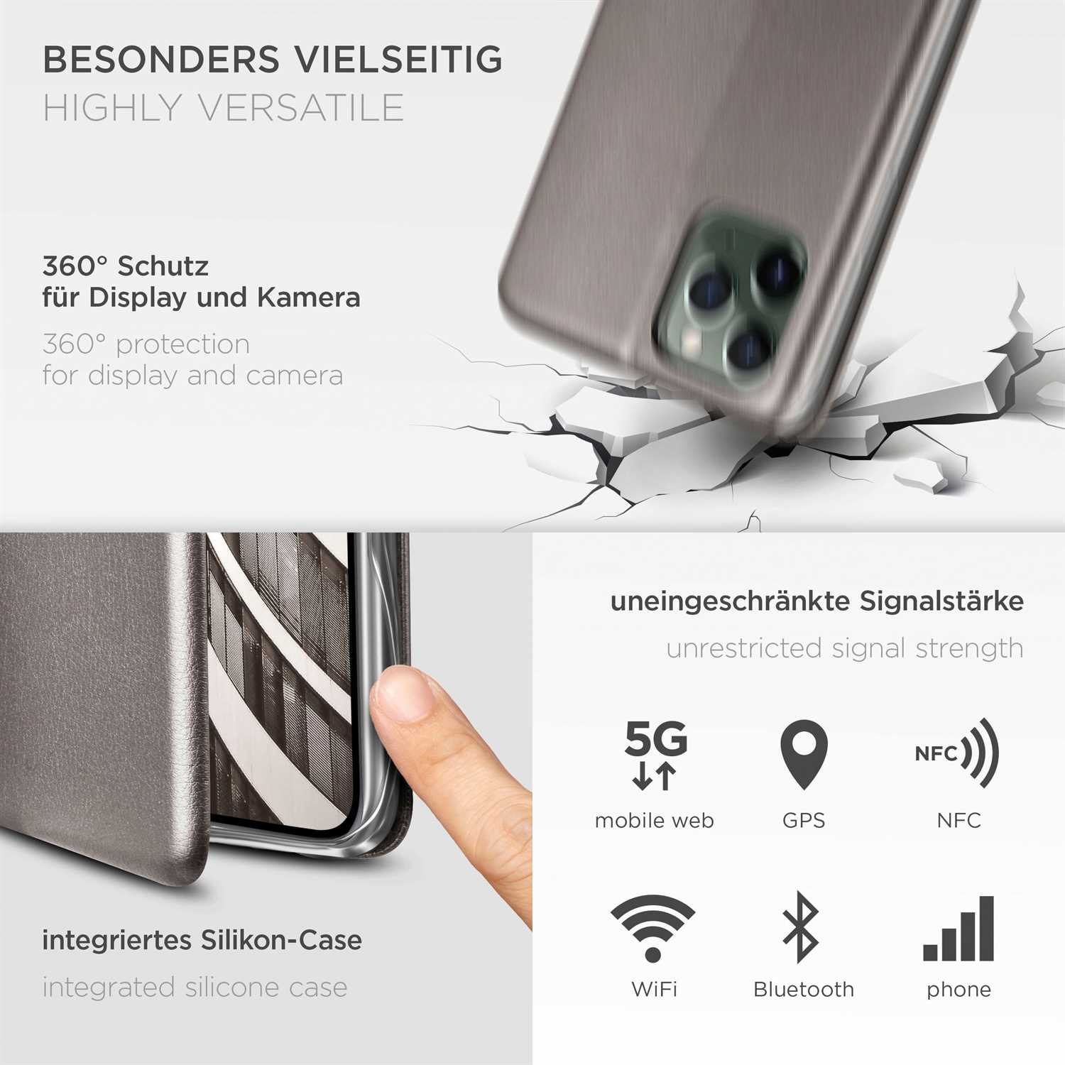Silberne Handyhülle mit grauem Telefon. Symbole für 5G, GPS, NFC, WLAN, Bluetooth und Telefonsignal.