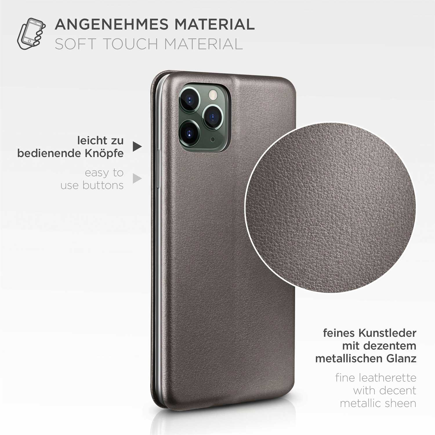 Nahaufnahme einer Handyhülle mit Lederstruktur und metallischem Glanz.