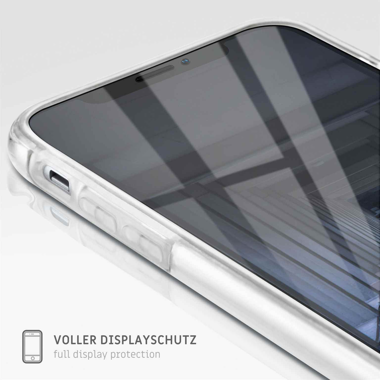 Nahaufnahme eines Telefons in einer transparenten Hülle, mit vollem Displayschutz.
