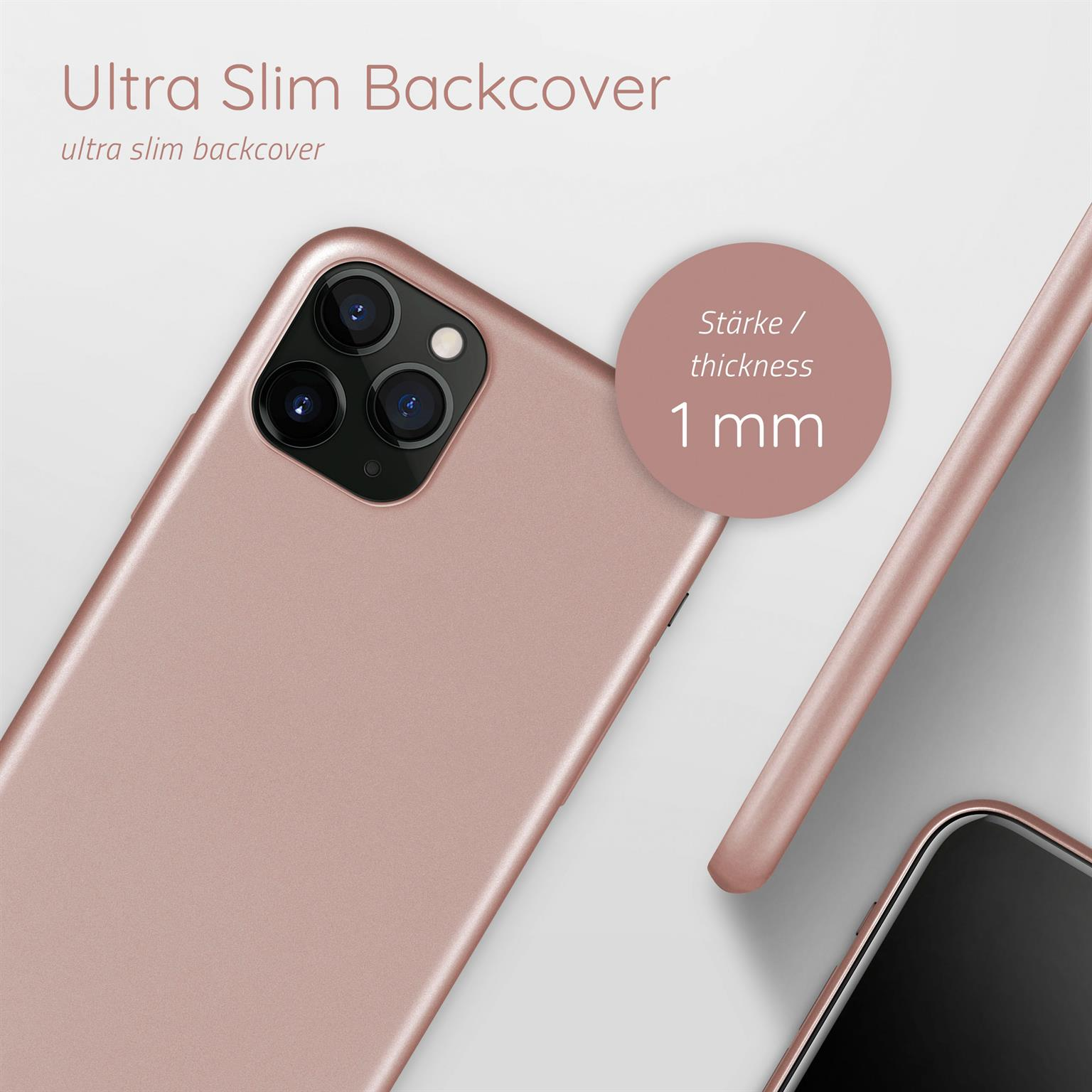 Roségoldenes Handycase mit Text über Dicke und Modell.