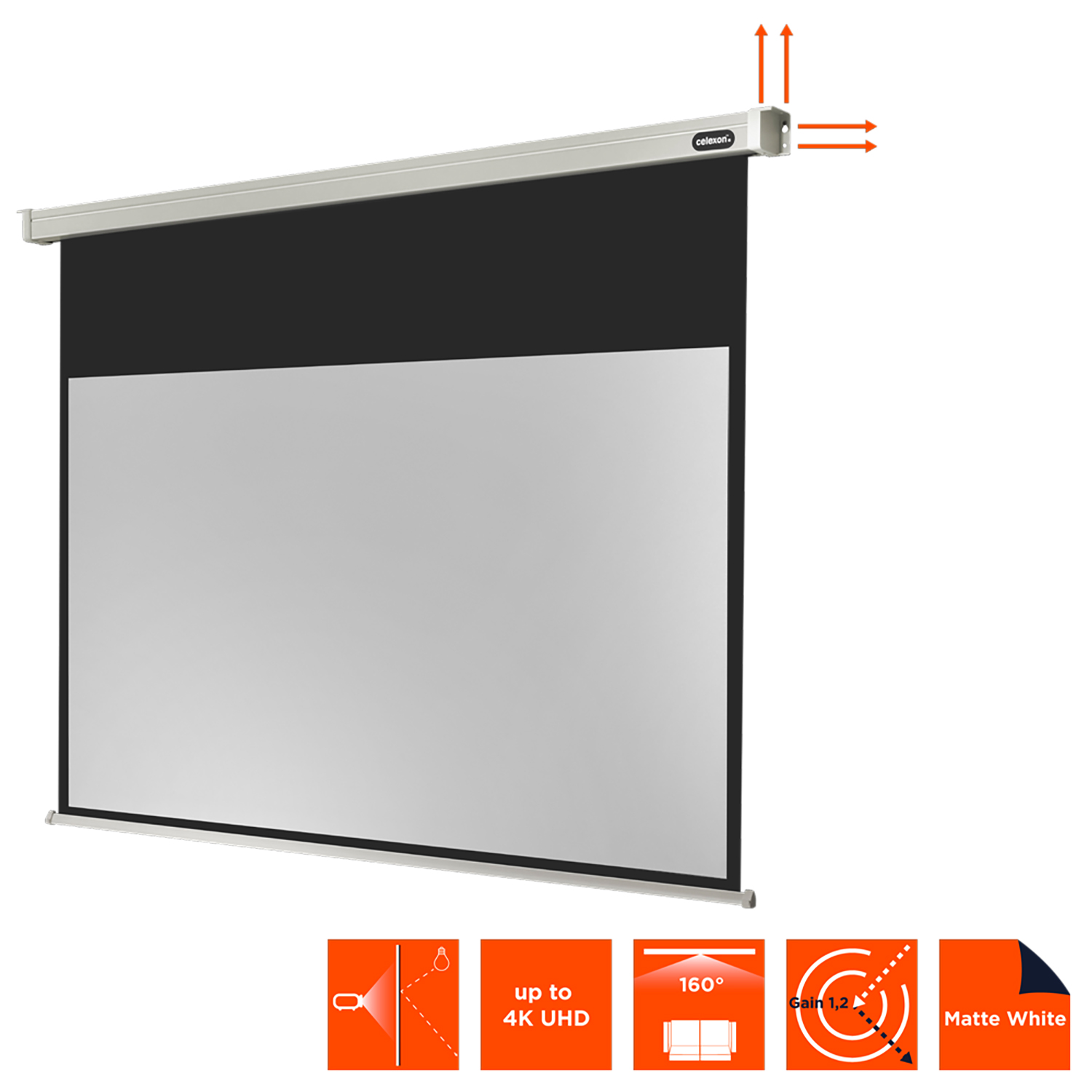 Projektorleinwand mit weißer Oberfläche, schwarzem Rahmen und Textlabels unten.