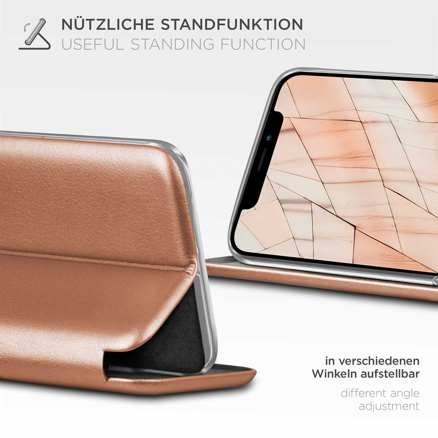 Handyhülle mit Standfunktion, in verschiedenen Winkeln gezeigt. Braune Farbe. Weißer Hintergrund.
