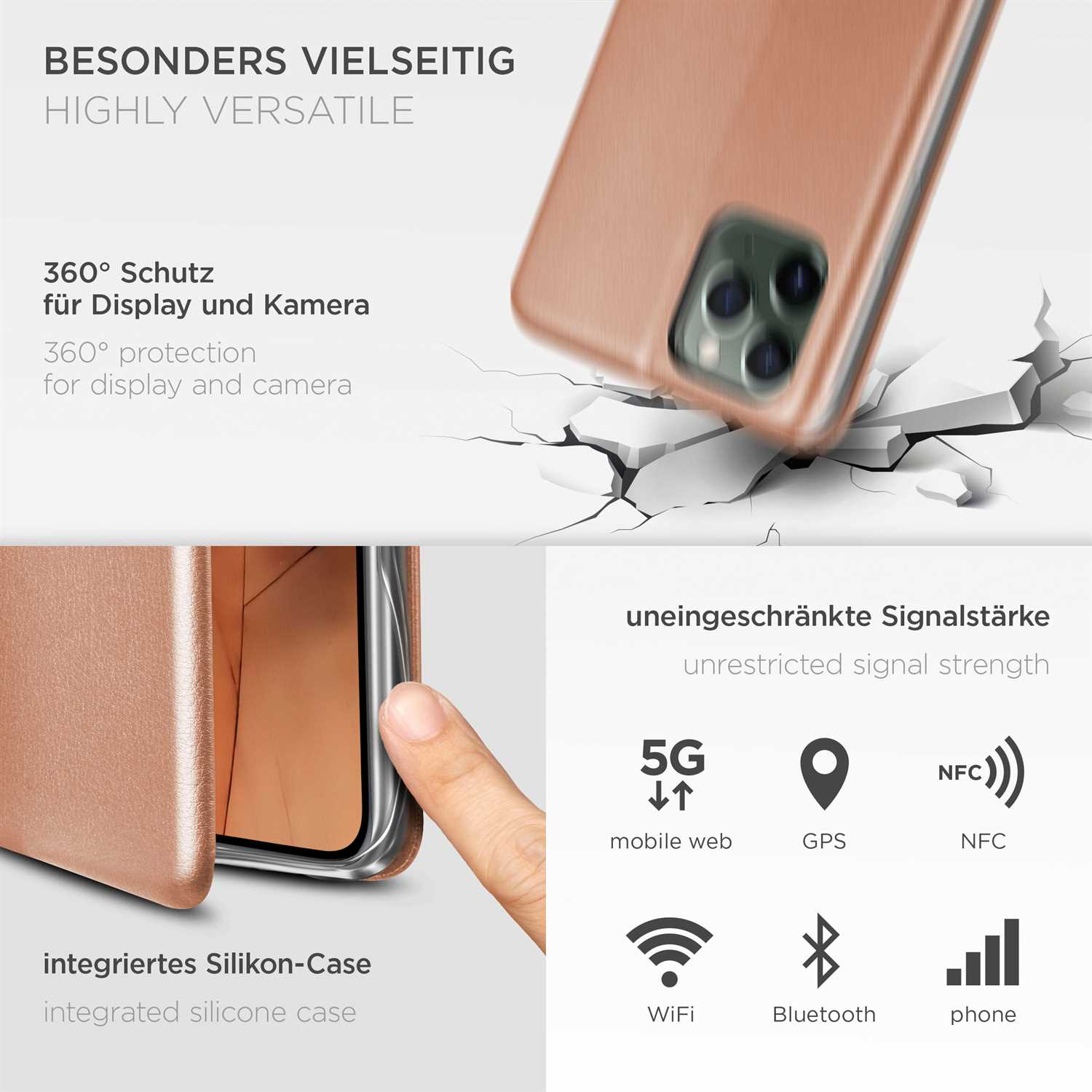 Eine goldene Handyhülle mit Infografiken. Ein Telefon wird mit einer Hand auf der Hülle gezeigt. Zerbrochene Oberfläche.