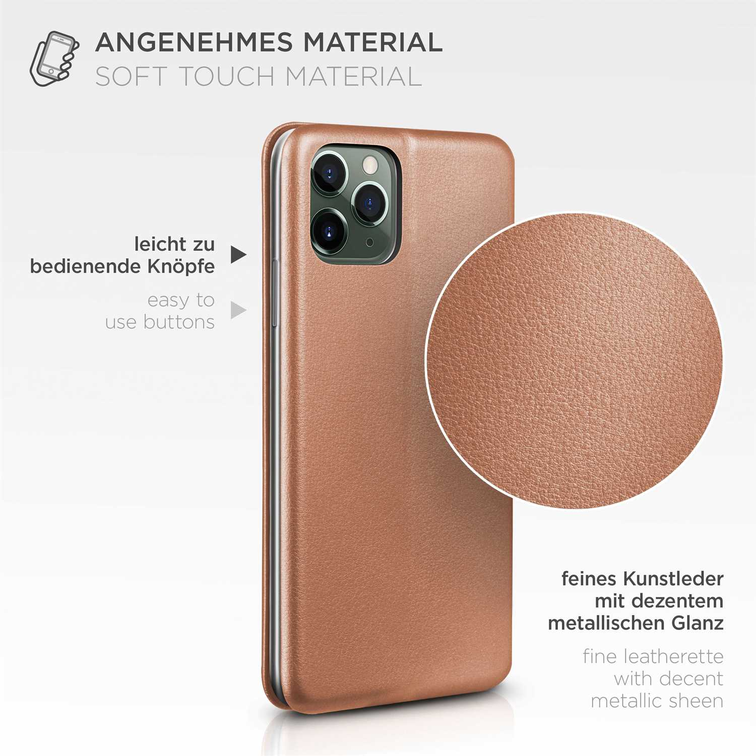 Eine braune Handyhülle und eine detaillierte Nahaufnahme der Textur.