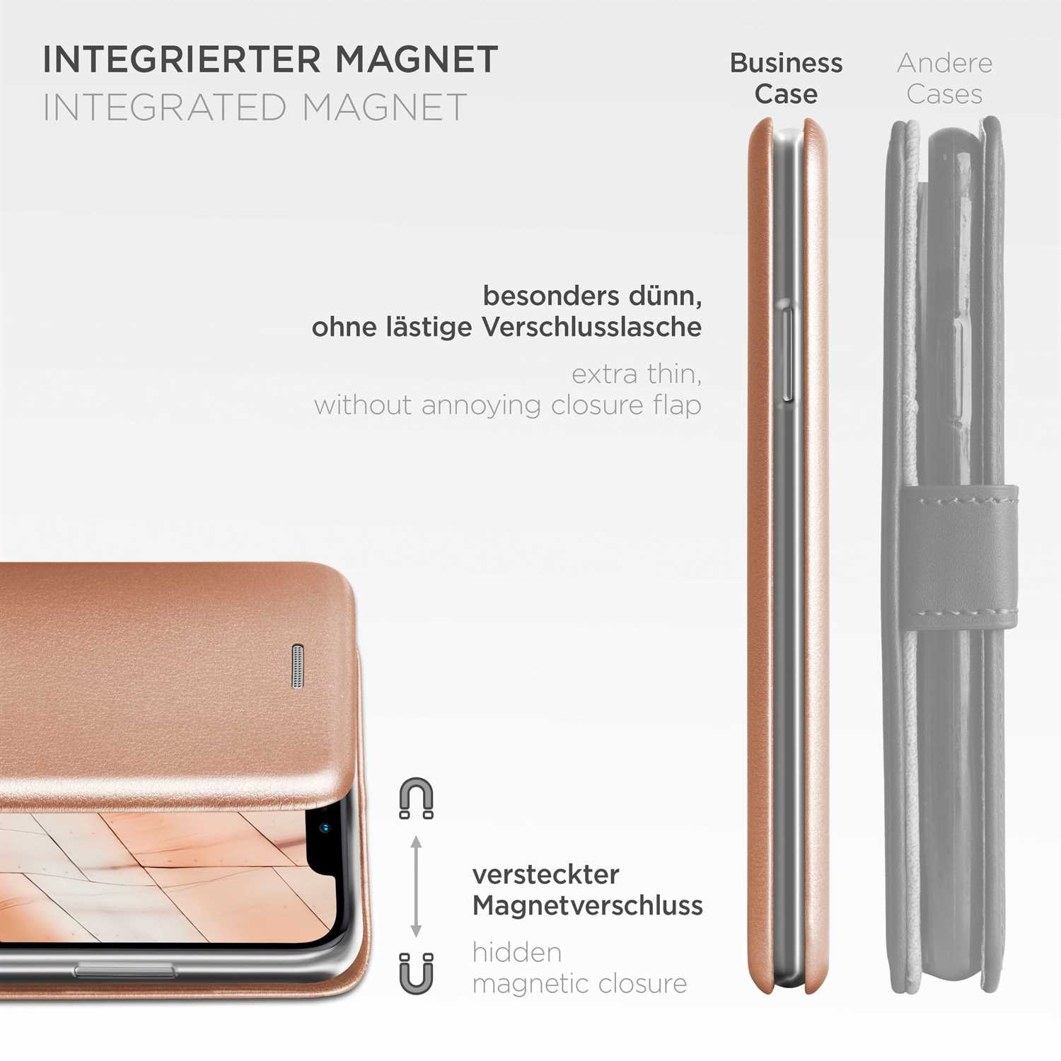 Telefonhülle mit integriertem Magneten. Braune Hülle mit offener und geschlossener Klappe.
