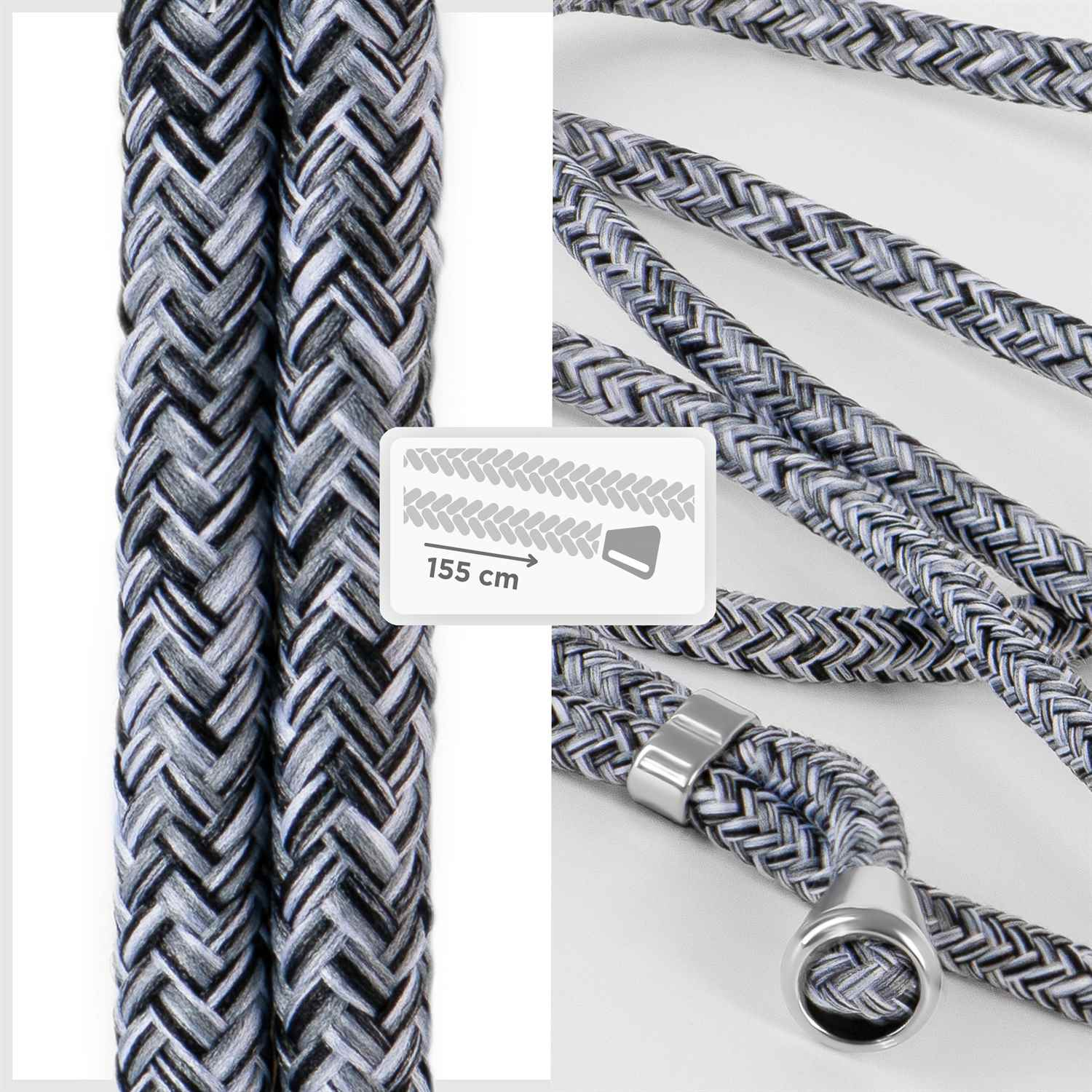 Nahaufnahme eines geflochtenen Seils in Schwarz, Weiß und Grau. Detail des Lanyards.