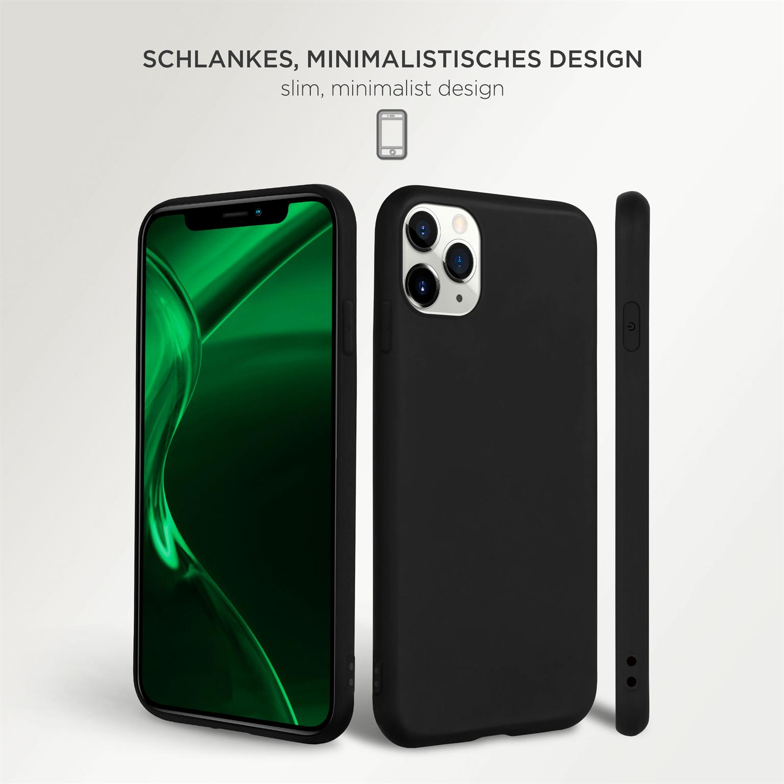 Drei Ansichten einer schwarzen Handyhülle mit grünem Bildschirm. Der Text lautet: schlankes, minimalistisches Design.