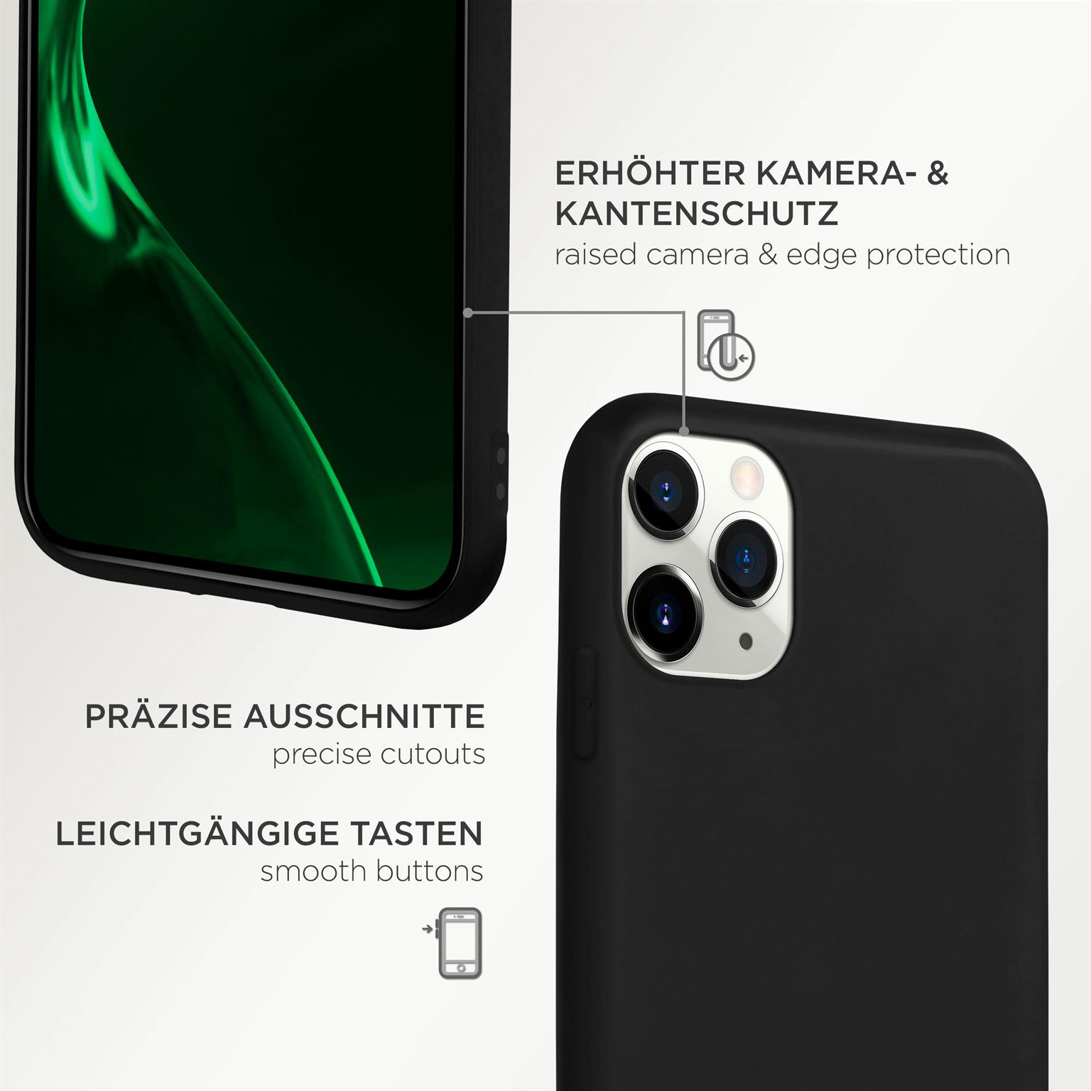 Eine schwarze Handyhülle mit schwarzem Bildschirm. Text: 'Erhöhter Kamera- & Kantenschutz'.