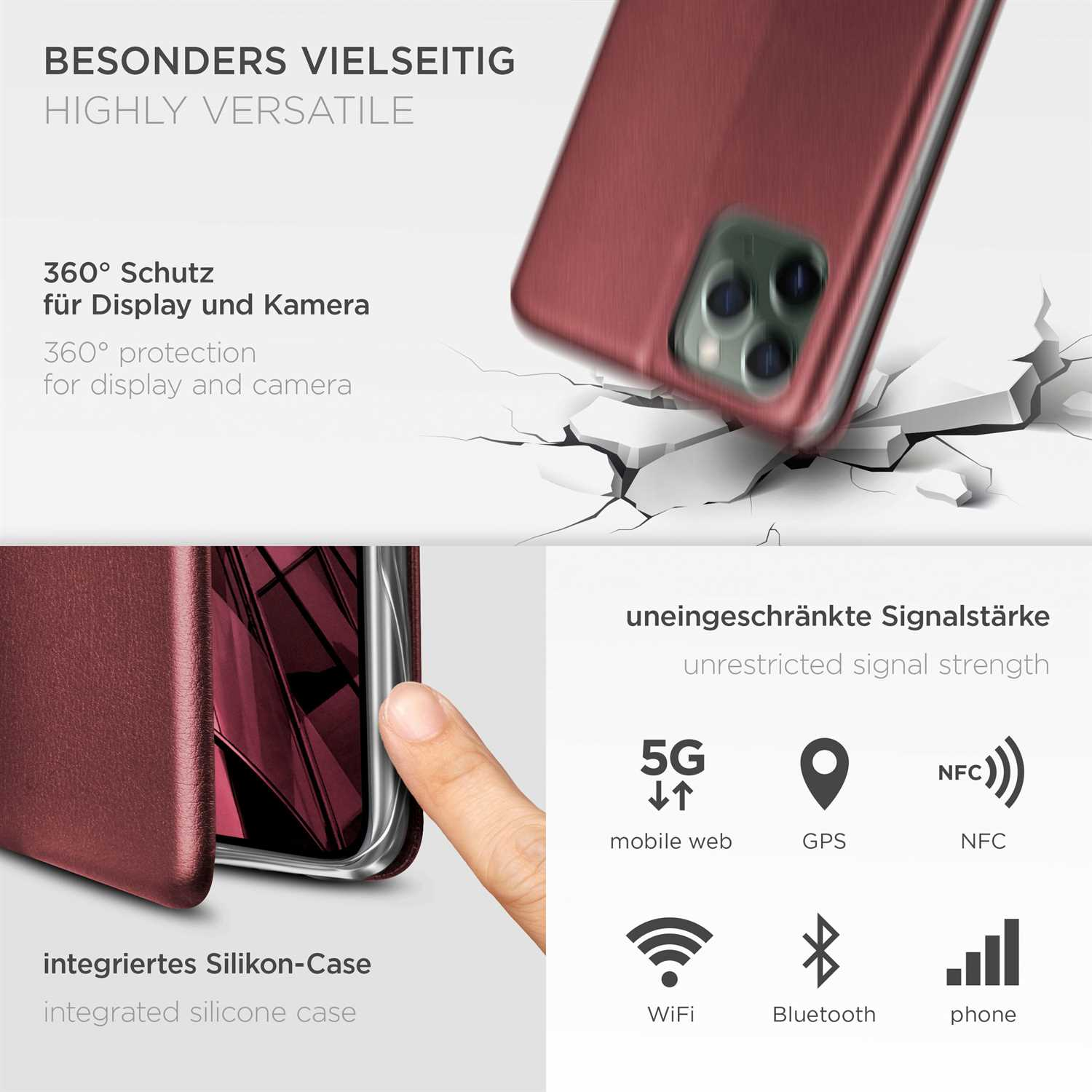 Nahaufnahme einer Handyhülle mit Telefon und Symbolen, die Funktionen anzeigen, und einer zerbrochenen Oberfläche.