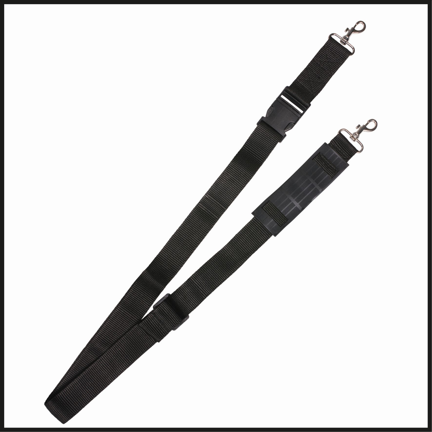 Schwarzer, verstellbarer Riemen mit Clips, für eine Tasche oder Kamera, auf weißem Hintergrund.