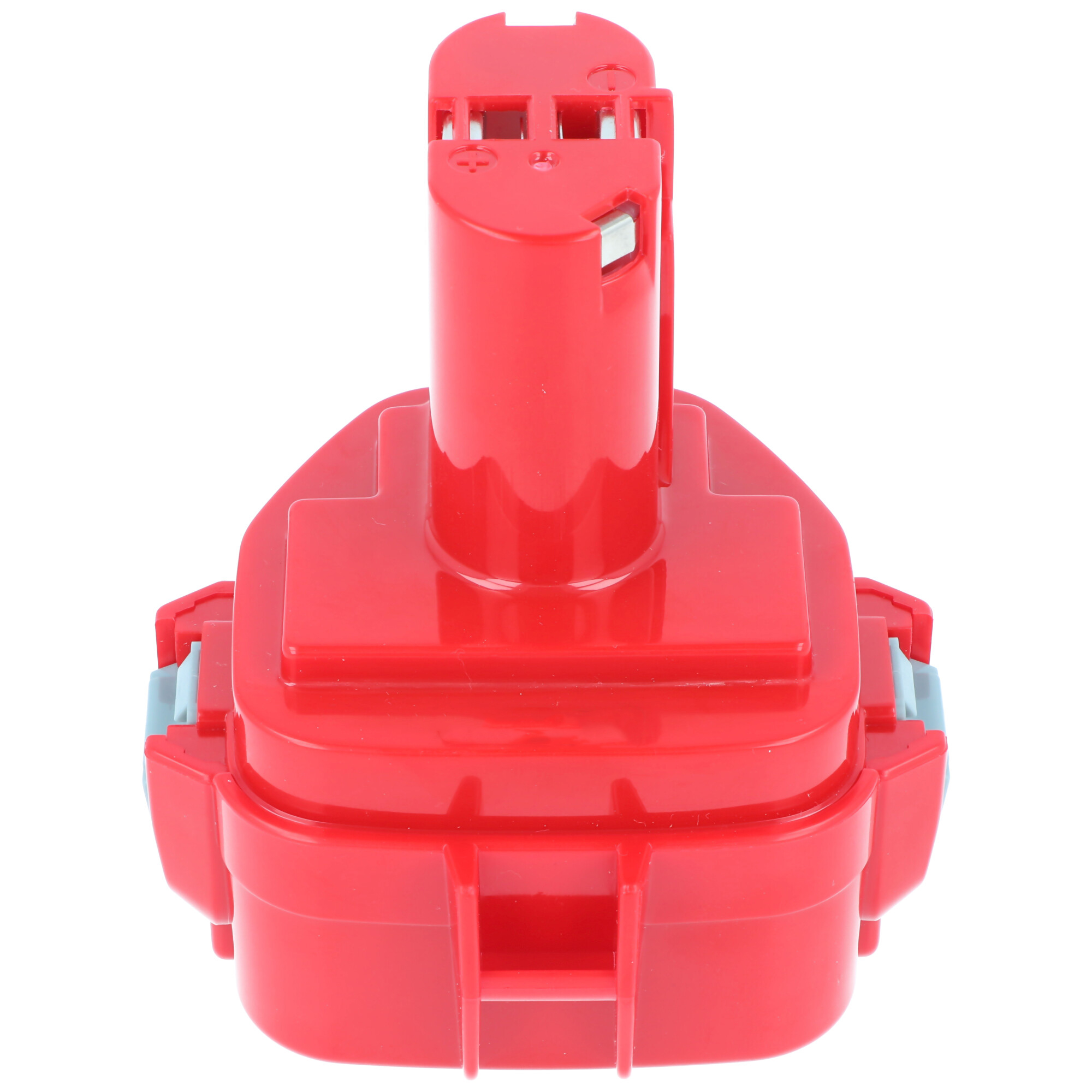 Roter Akku. Die Oberseite hat einen zylindrischen Anschluss und die Basis blaue Clips.
