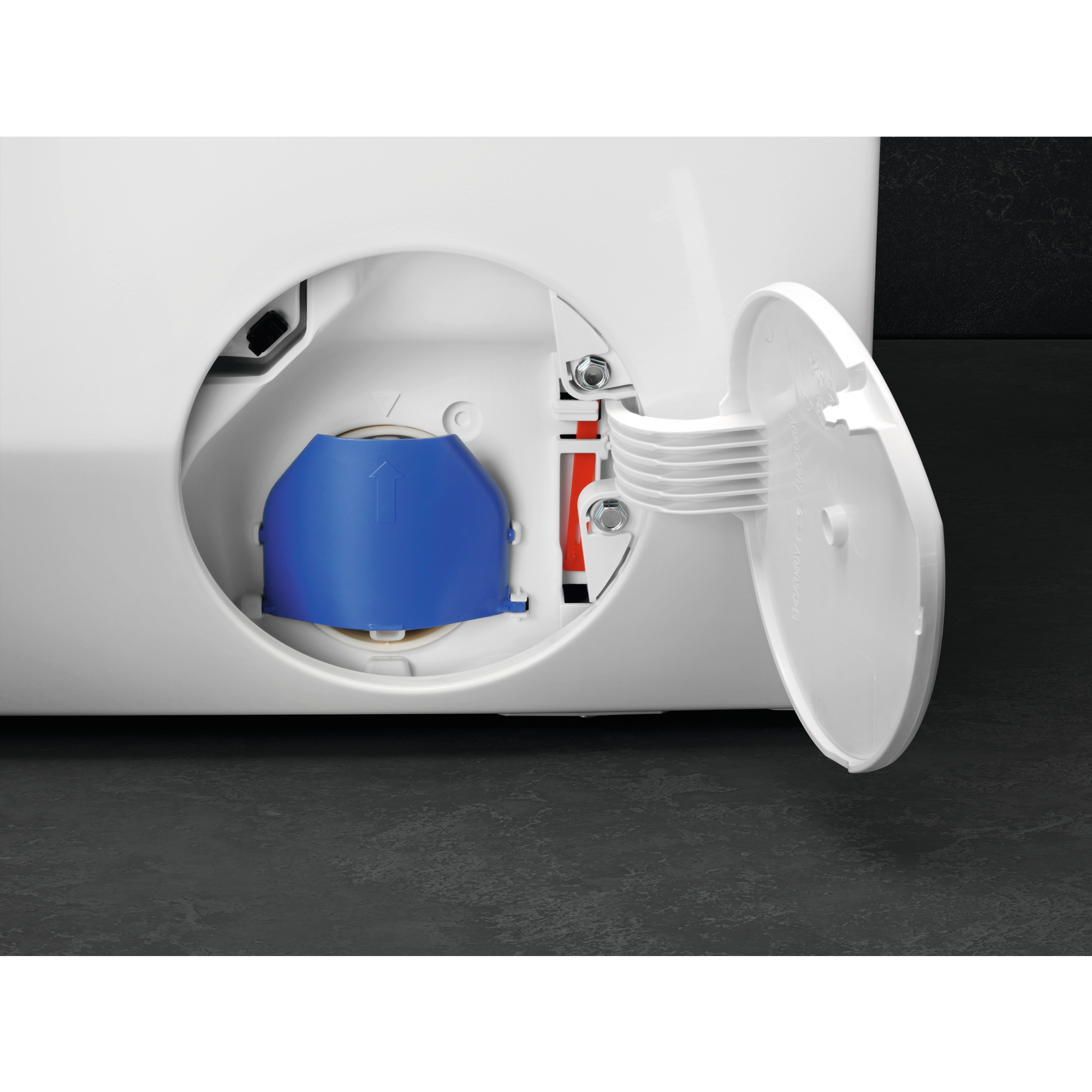 Białe urządzenie z niebieskimi i czerwonymi detalami, z otwartą komorą. Czarne tło.