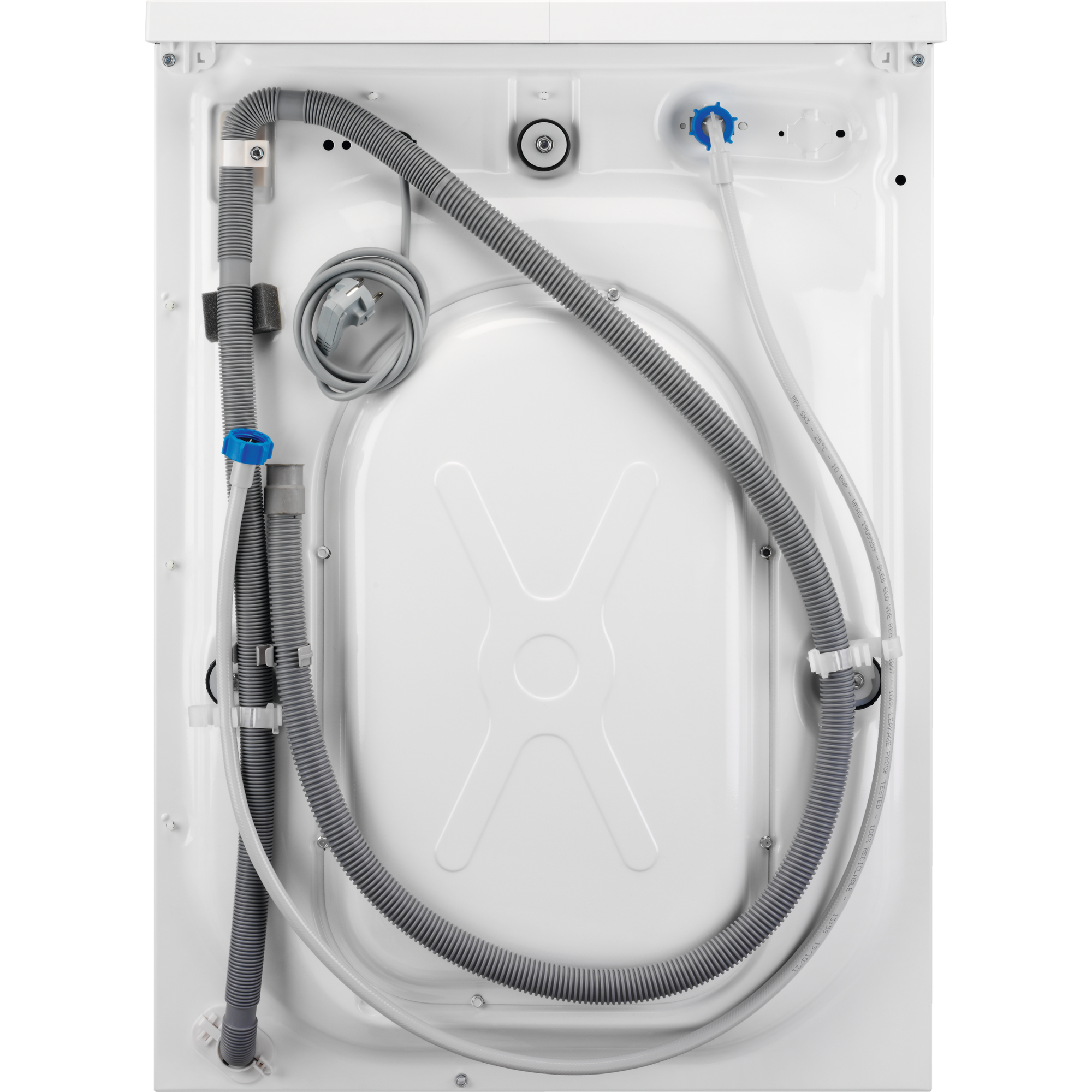 Widok z tyłu pralki z widocznymi wężami i komponentami.