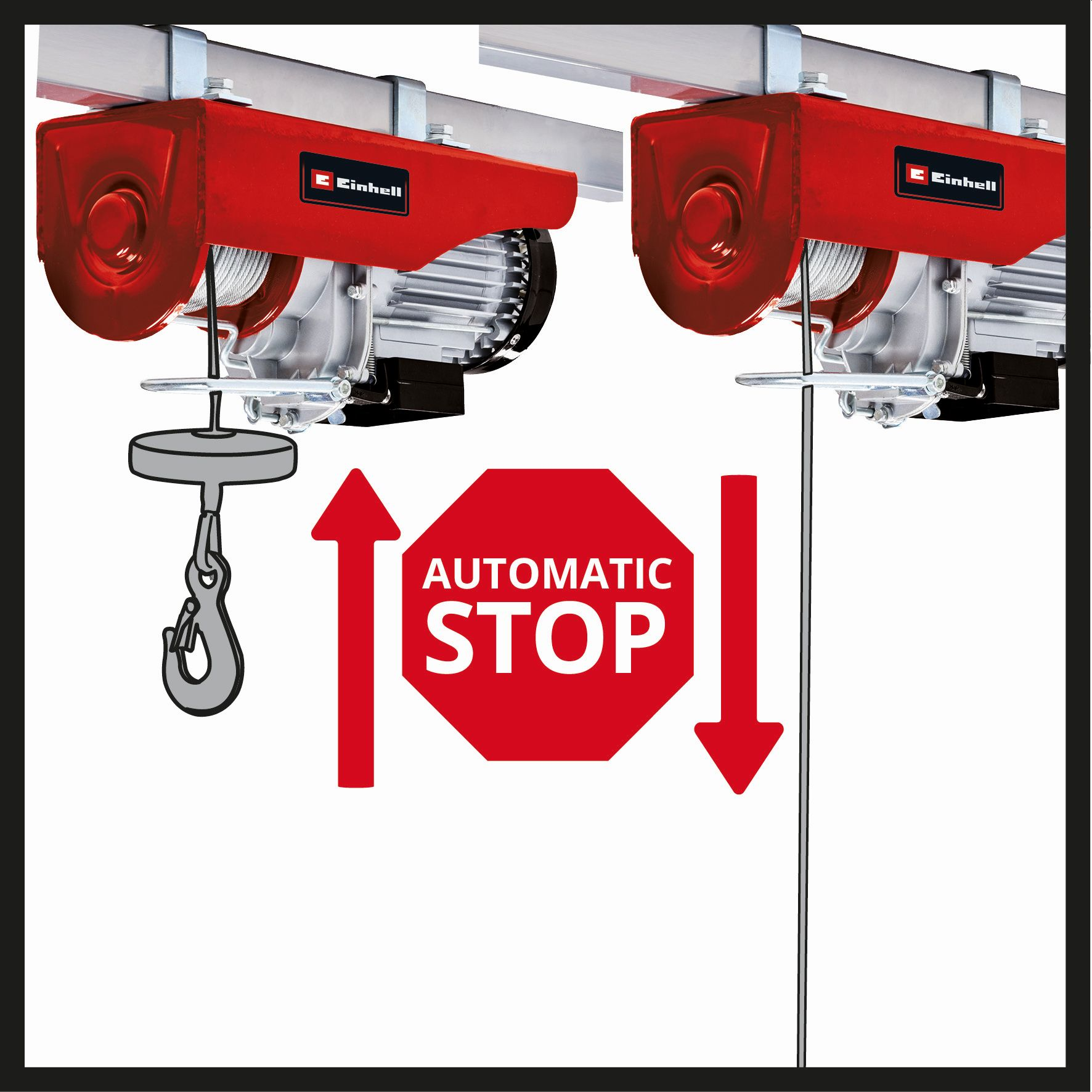 Zwei rote Einhell-Hebezeuge. Ein Schild „Automatischer Stopp“ in der Mitte.