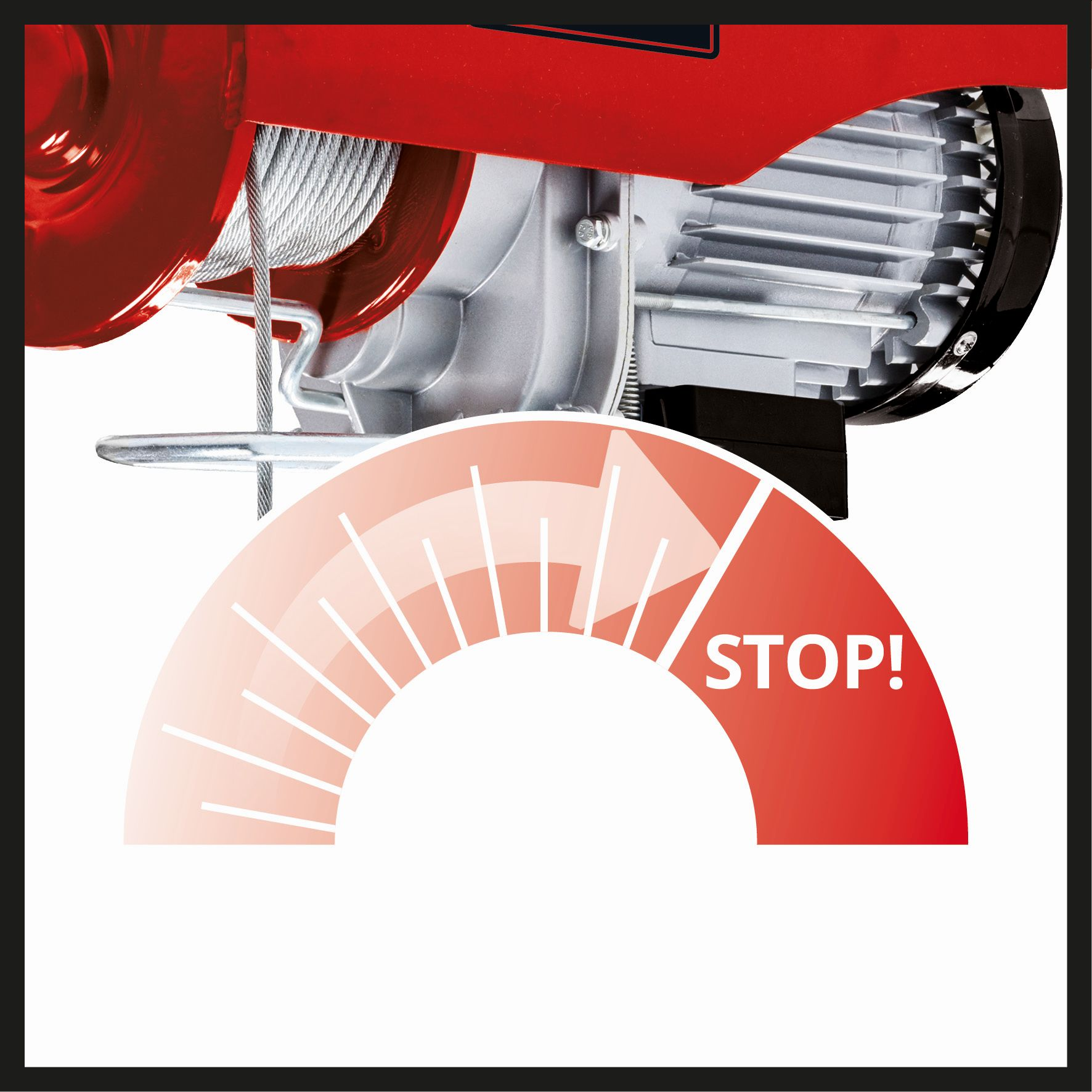 Eine rote Maschine mit einem Stoppschild. Ein Kabel ist oben angebracht.