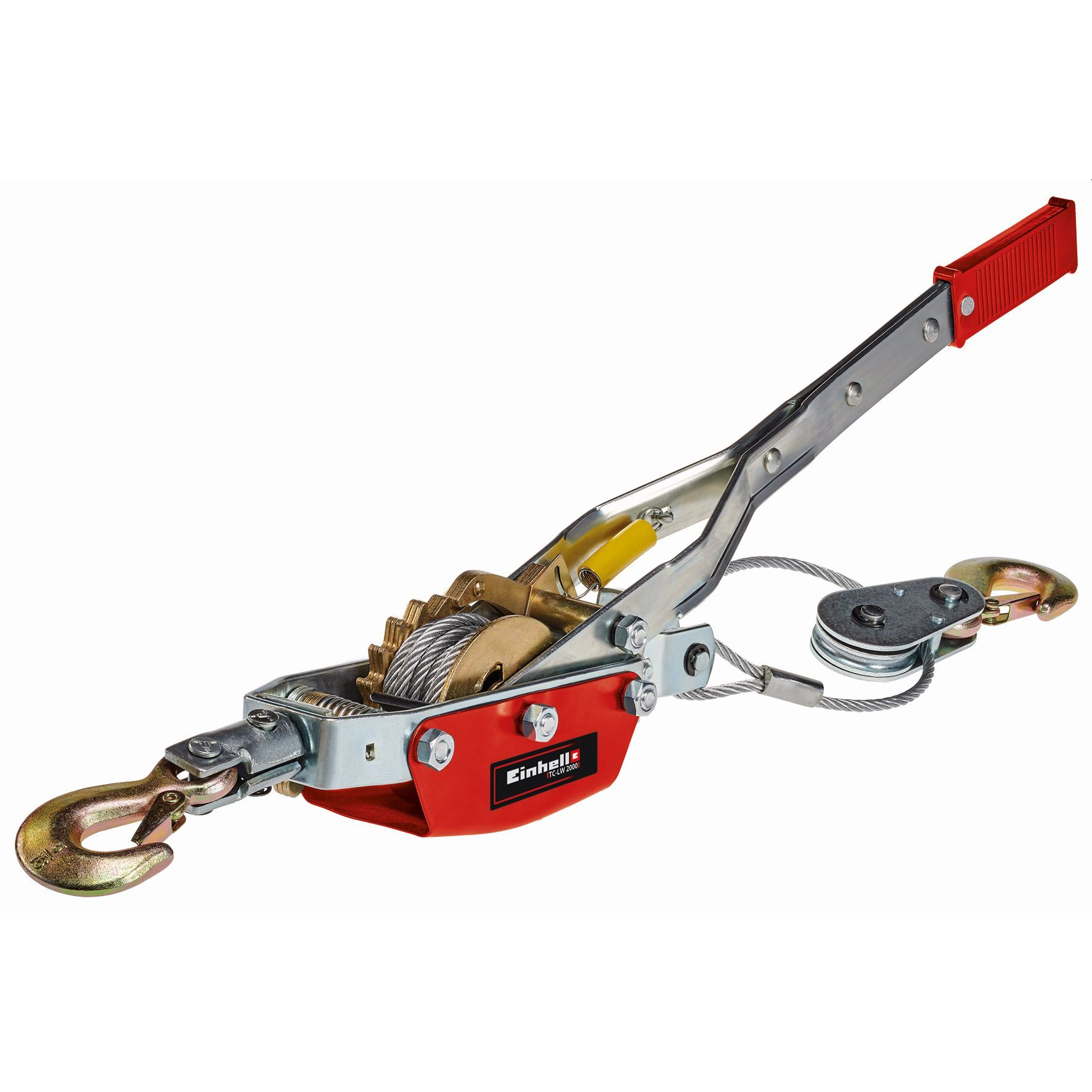 Einhell-Winde. Rot und Silber, mit Haken und Kabel. Weißer Hintergrund.