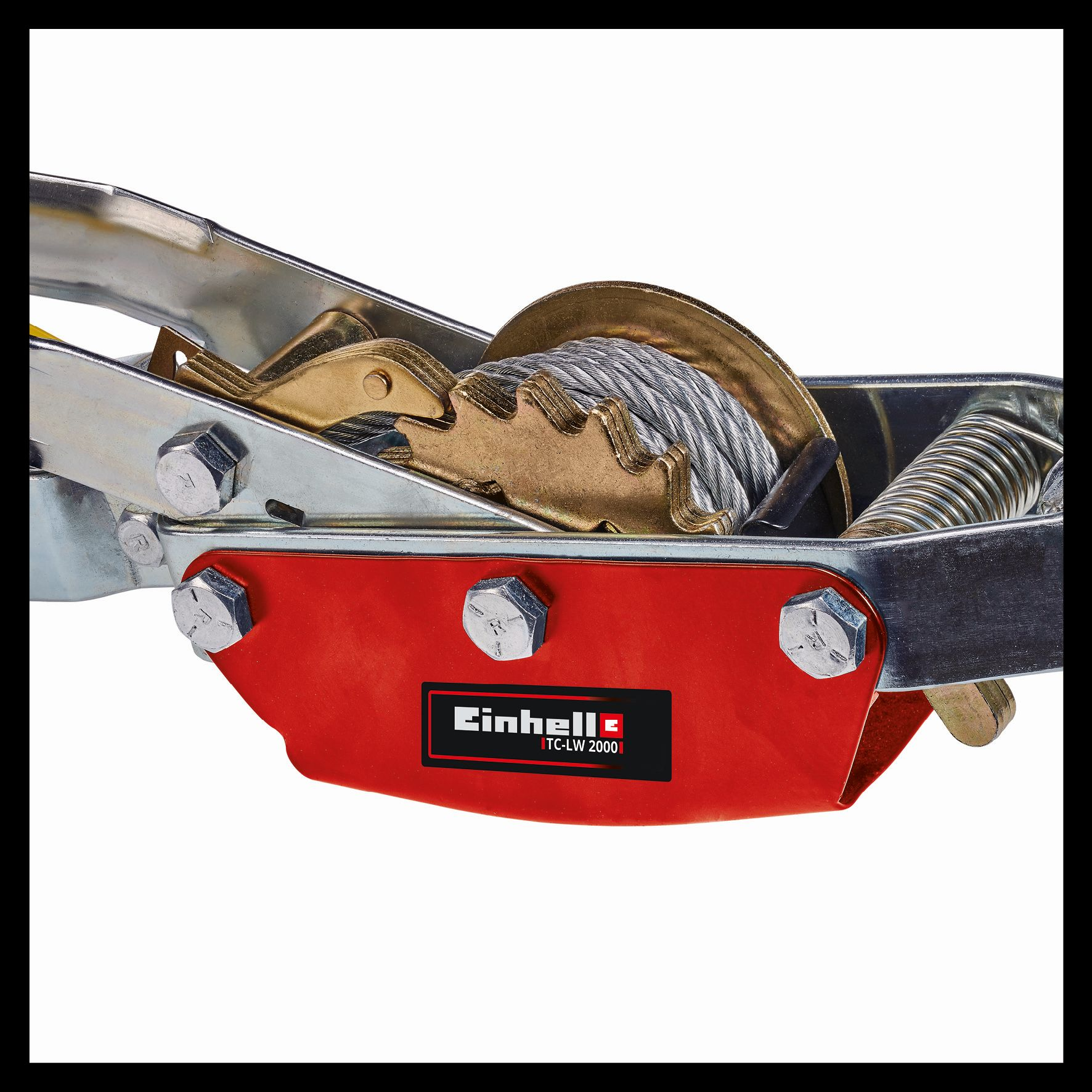 Nahaufnahme einer Metallwinde mit roter Basis. Die Winde hat eine Kabeltrommel.