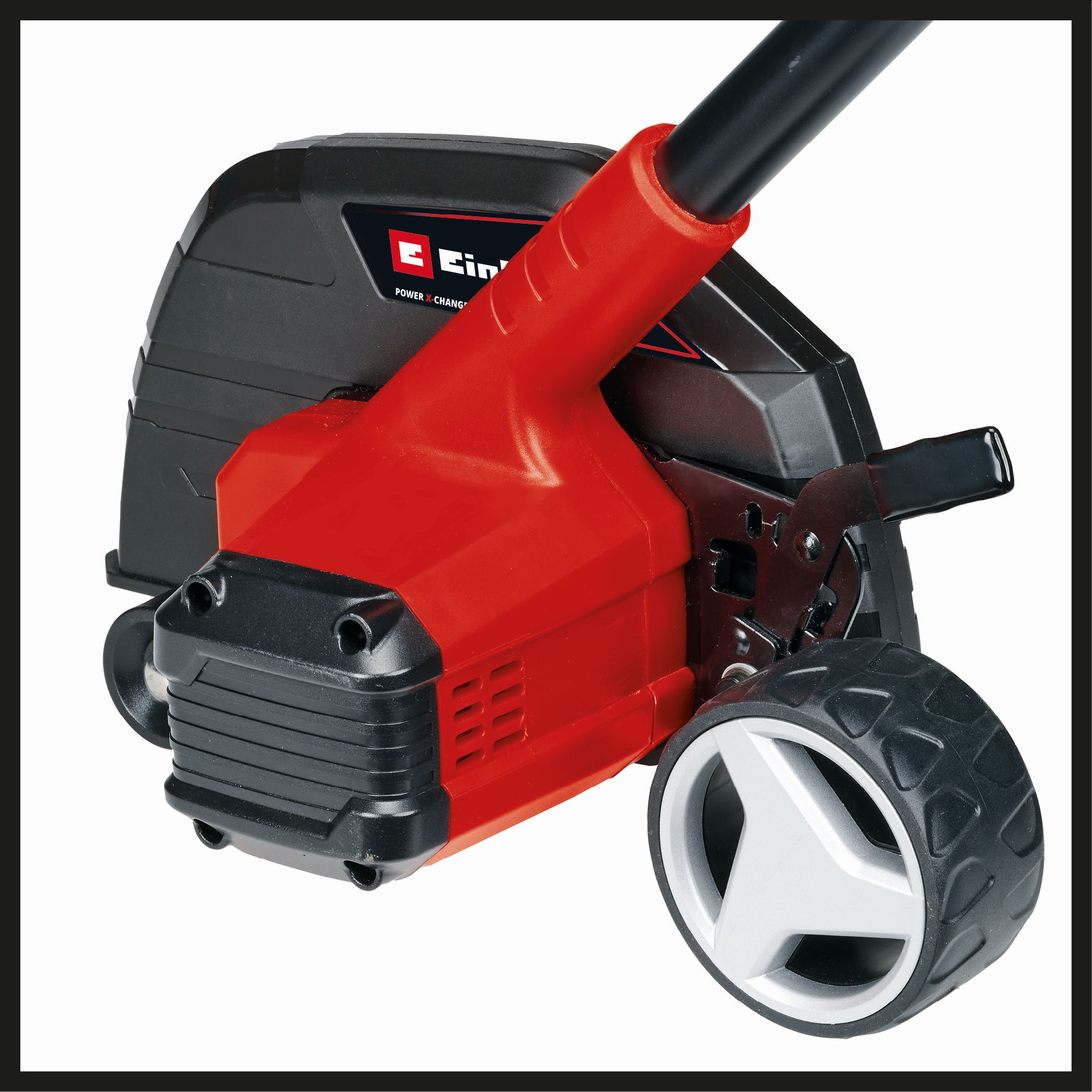 Coupe-bordures électrique rouge et noir avec poignée noire, roues et boîtier rouge.