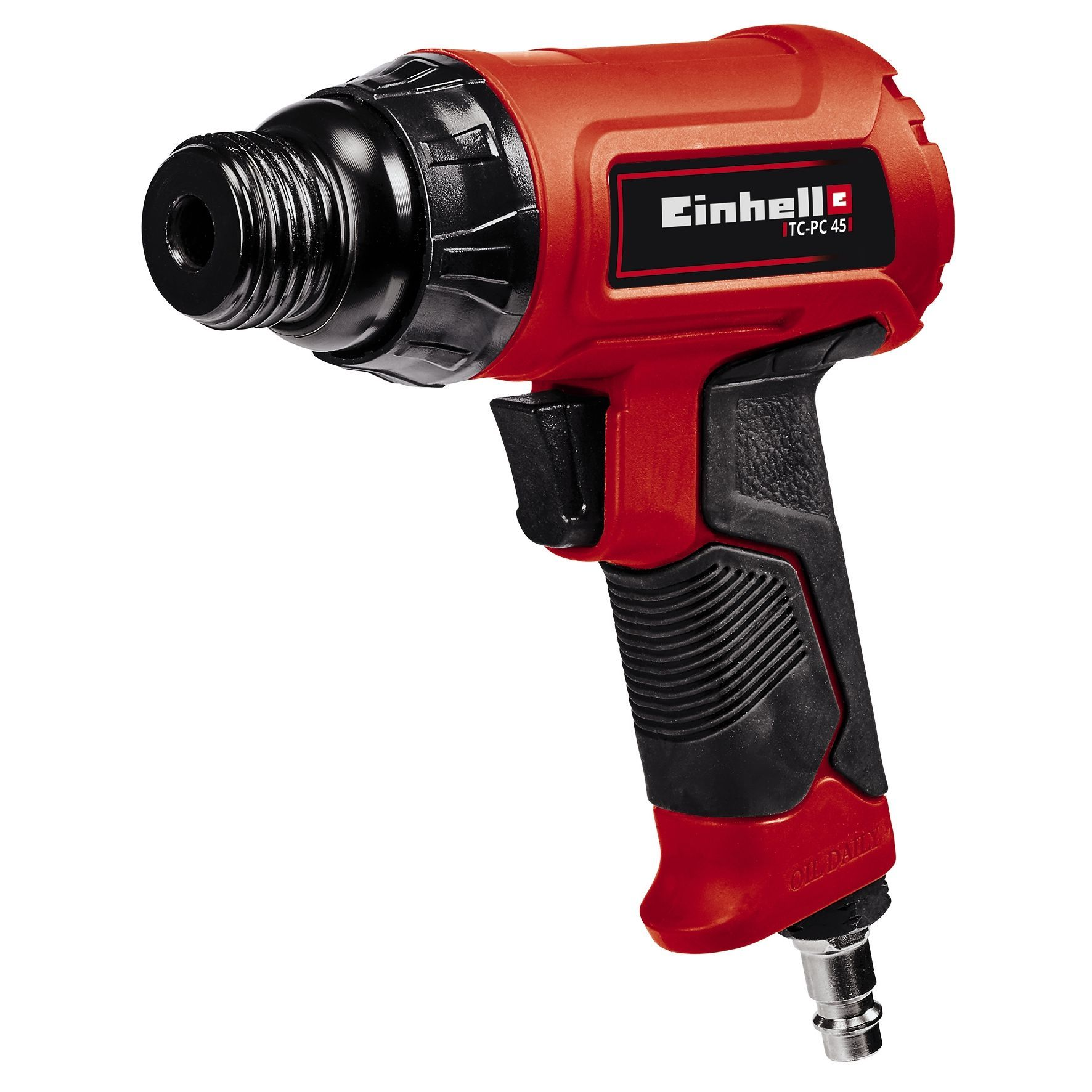 Ein rotes Einhell Druckluftwerkzeug, schwarzer Griff, mit sichtbarem Markennamen.