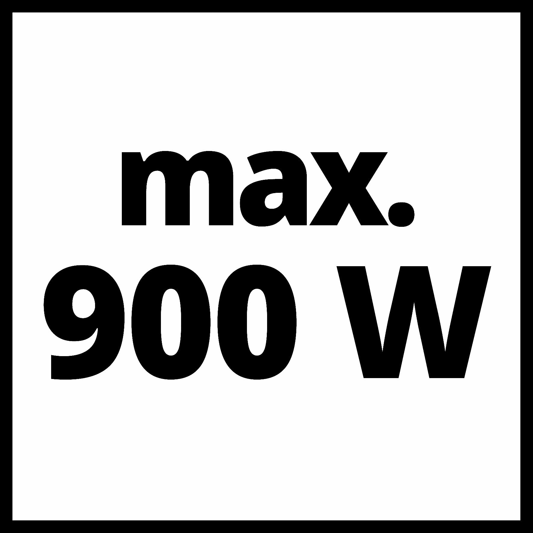 Schwarz-weißes Schild mit dem Text 'max. 900 W'.