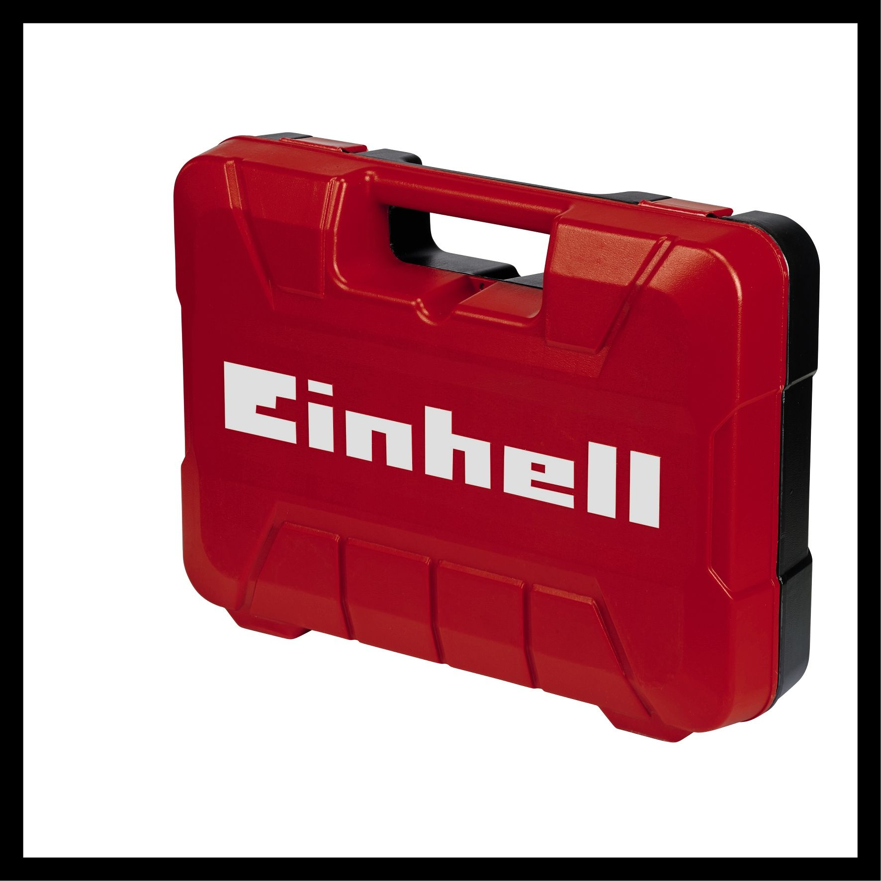 Roter Einhell Werkzeugkasten mit weißem Logo. Schwarzer Griff und Zierleiste. Weißer Hintergrund.