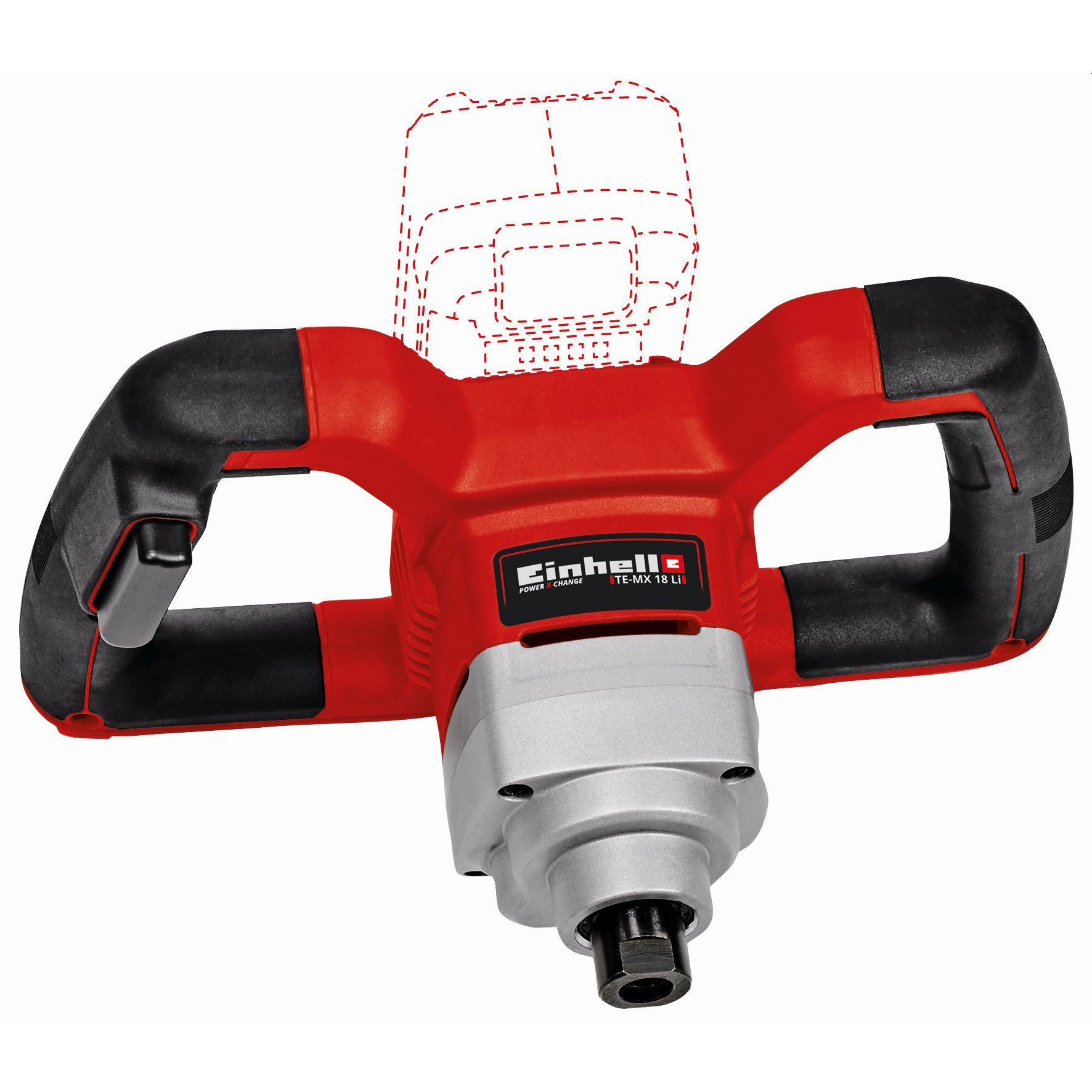 Rotes und graues Elektrowerkzeug. Der Korpus des Werkzeugs ist rot, der Griff schwarz.