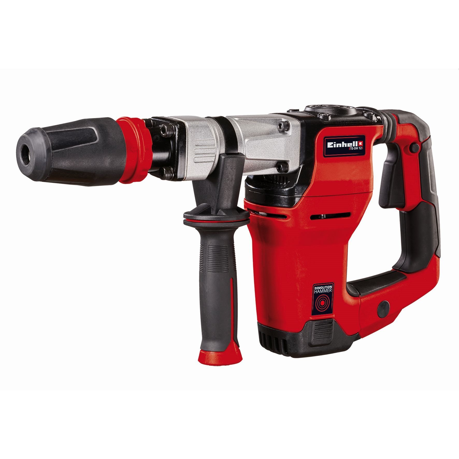 Roter und schwarzer Bohrhammer. Schwarzer und grauer Griff.