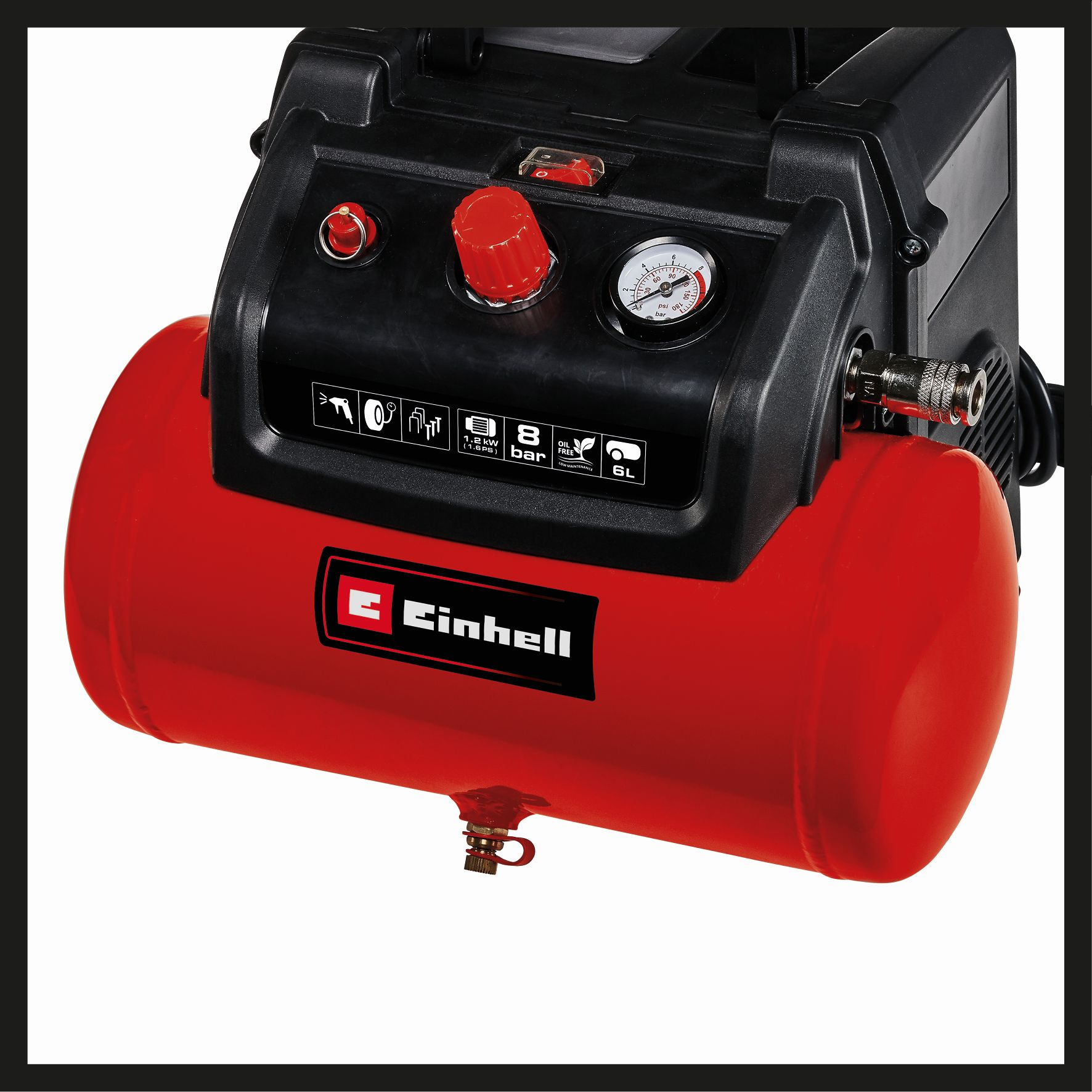 Ein roter Luftkompressor mit schwarzem Oberteil und einem Manometer.