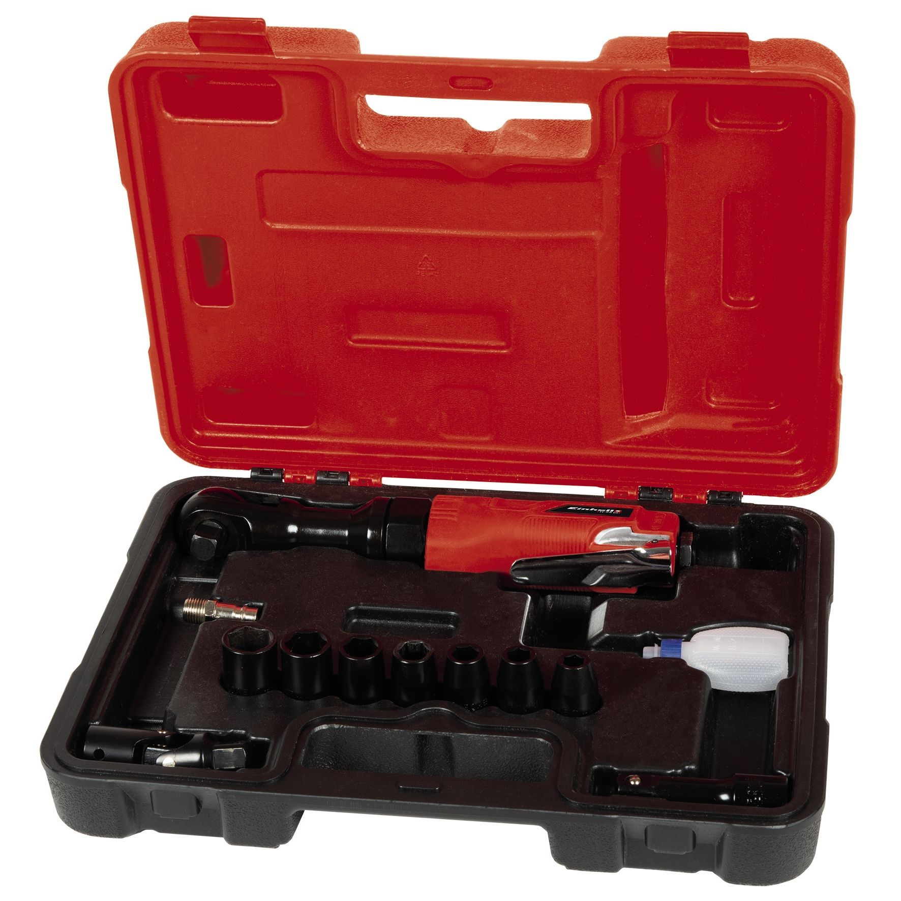 Una cassetta degli attrezzi rossa aperta contenente un utensile elettrico rosso e nero e vari accessori.