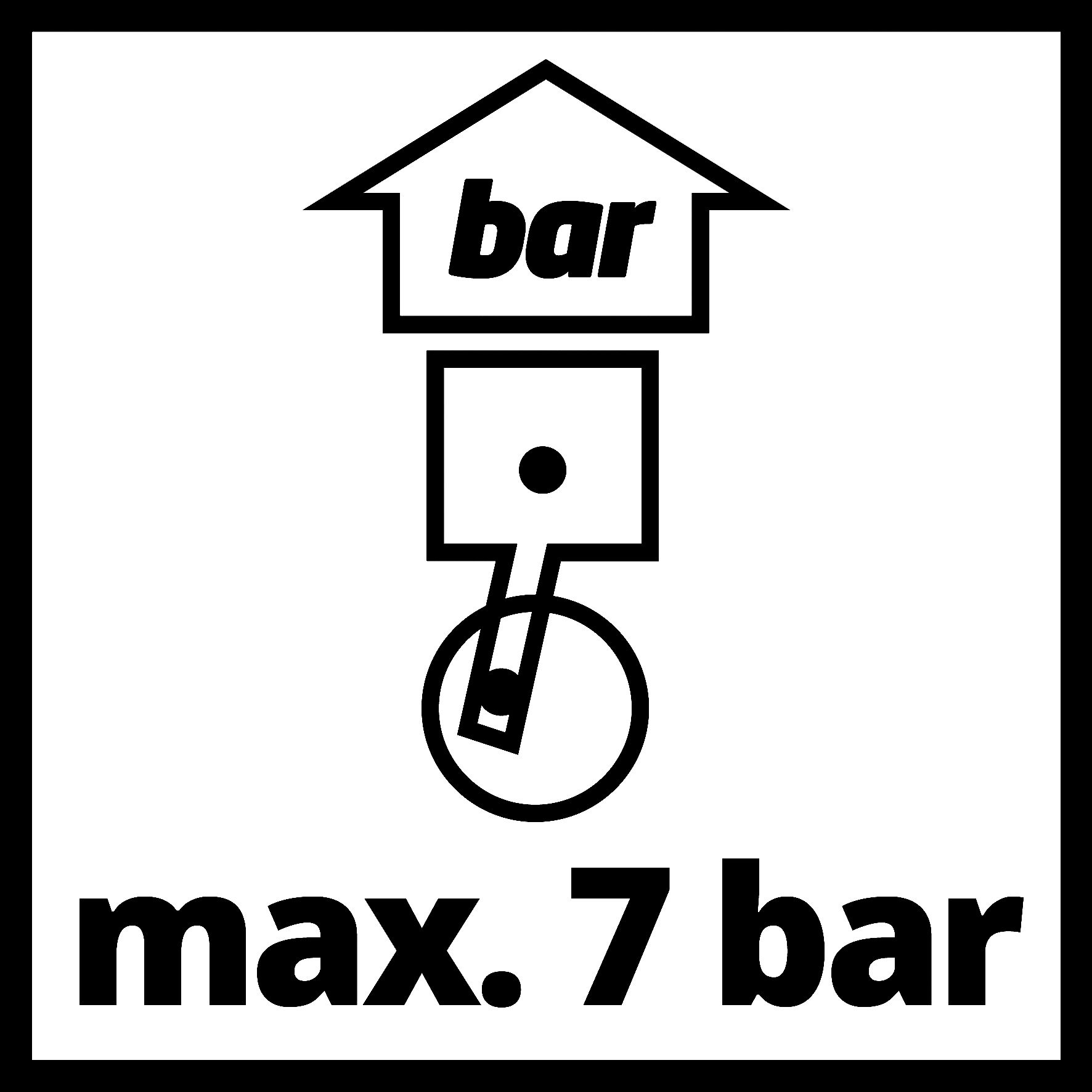 Grafica in bianco e nero con un'icona del manometro e il testo 'max. 7 bar'.