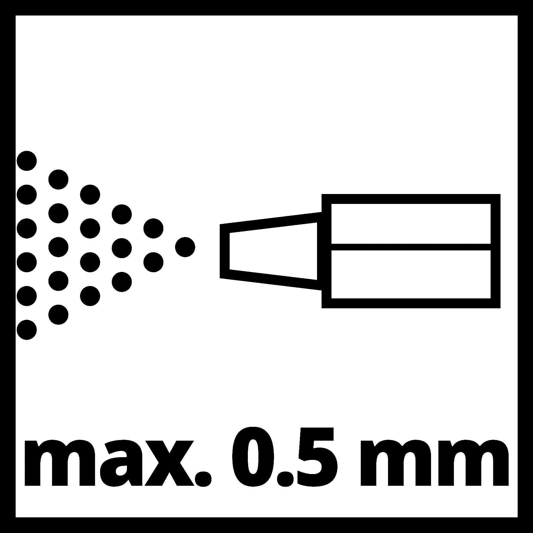 Disegno a tratto in bianco e nero di una penna che spruzza punti, con testo: max. 0,5 mm.