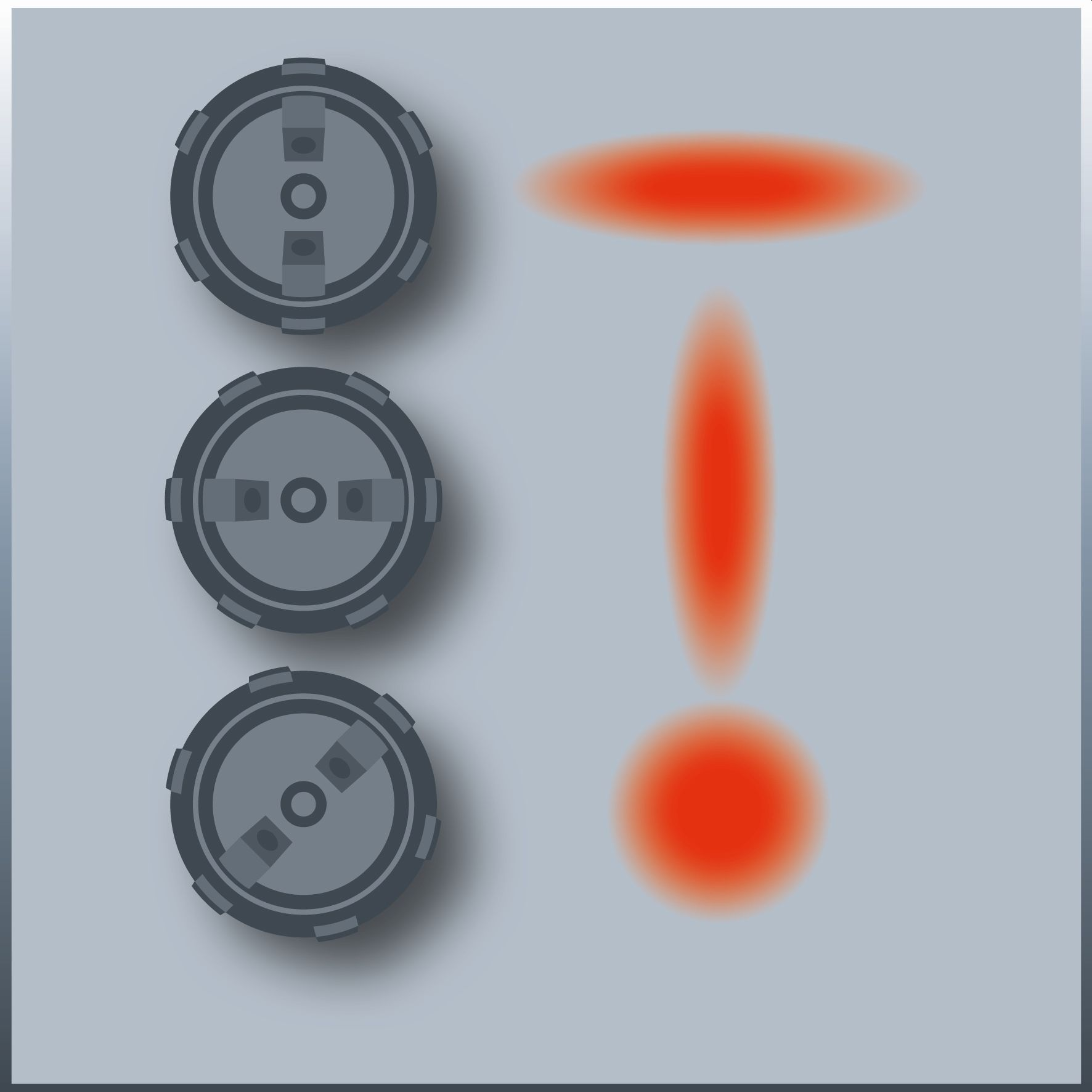 Drei graue runde Objekte und drei rote, verschwommene Formen auf grauem Hintergrund. Die Objekte sind ähnlich.