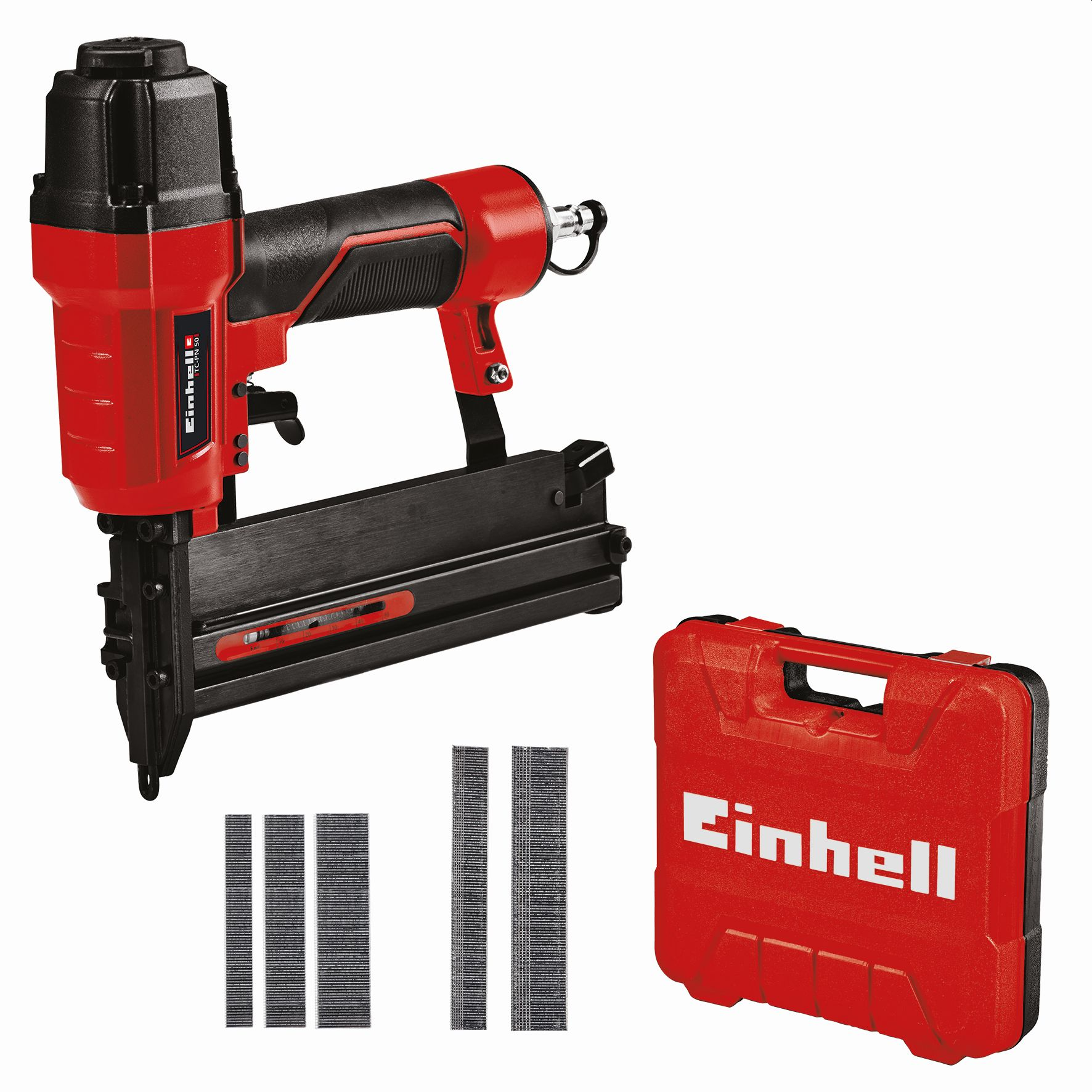 Chiodatrice rossa e nera con custodia rossa e strisce di chiodi. Logo Einhell bianco.