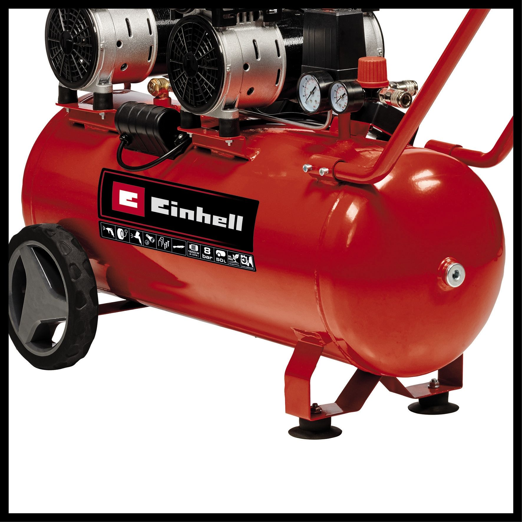 Roter Luftkompressor mit zwei silbernen Lüftern und Messgeräten. Schwarze Räder, schwarze Basis und roter Griff. Weißer Hintergrund.