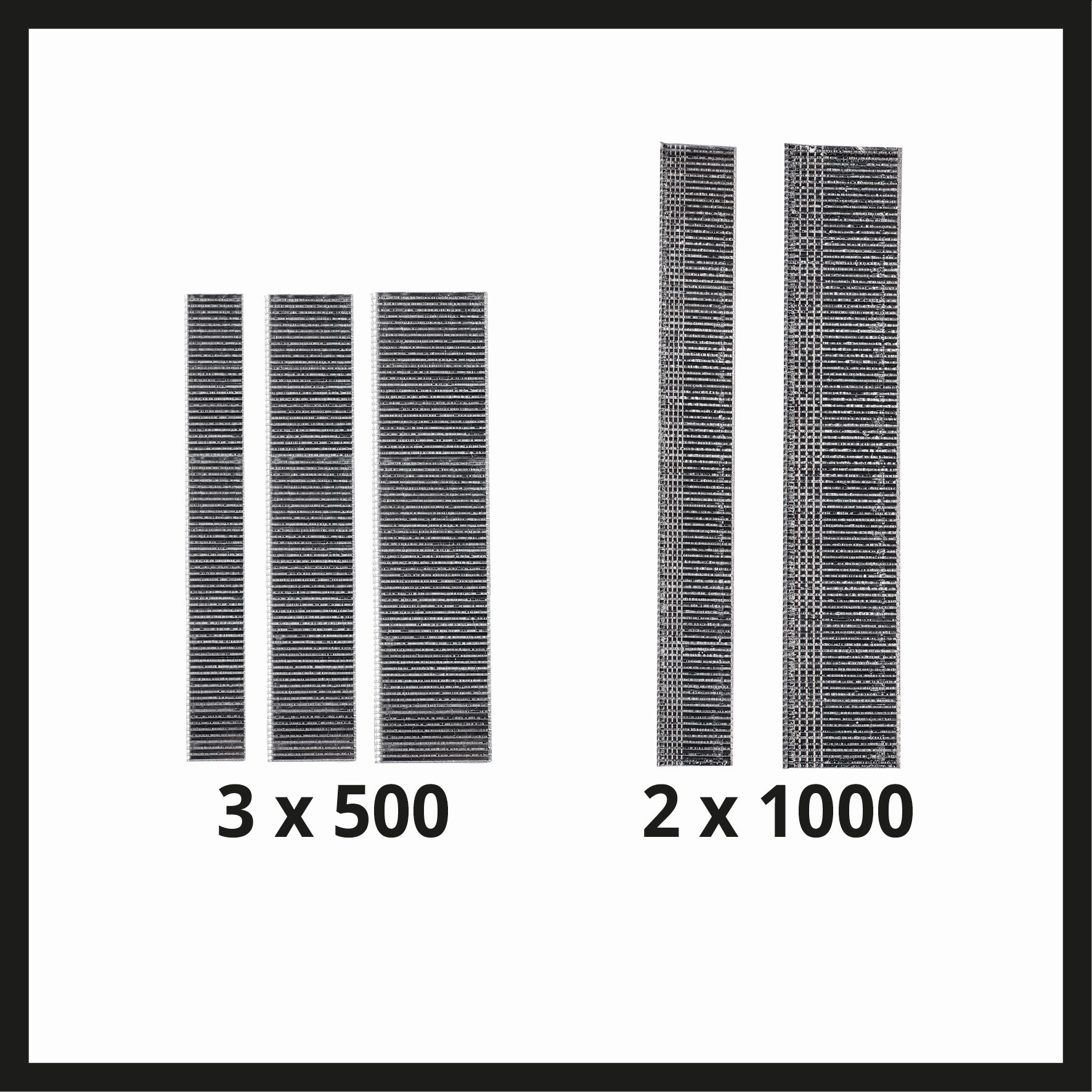 Tre strisce di materiale in bianco e nero, etichettate 3 x 500 e due etichettate 2 x 1000.
