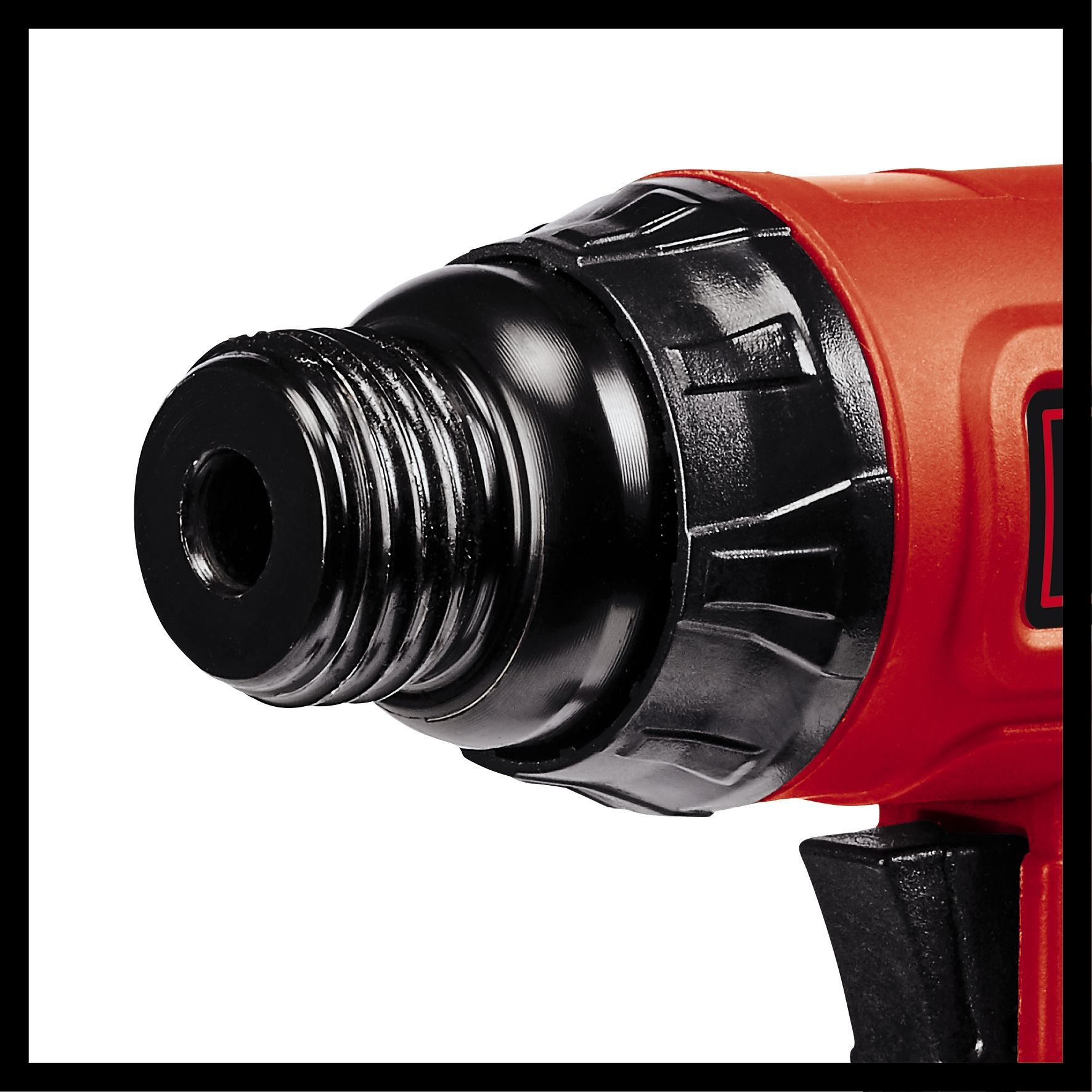 Utensile elettrico rosso con frontale nero e foro per vite.