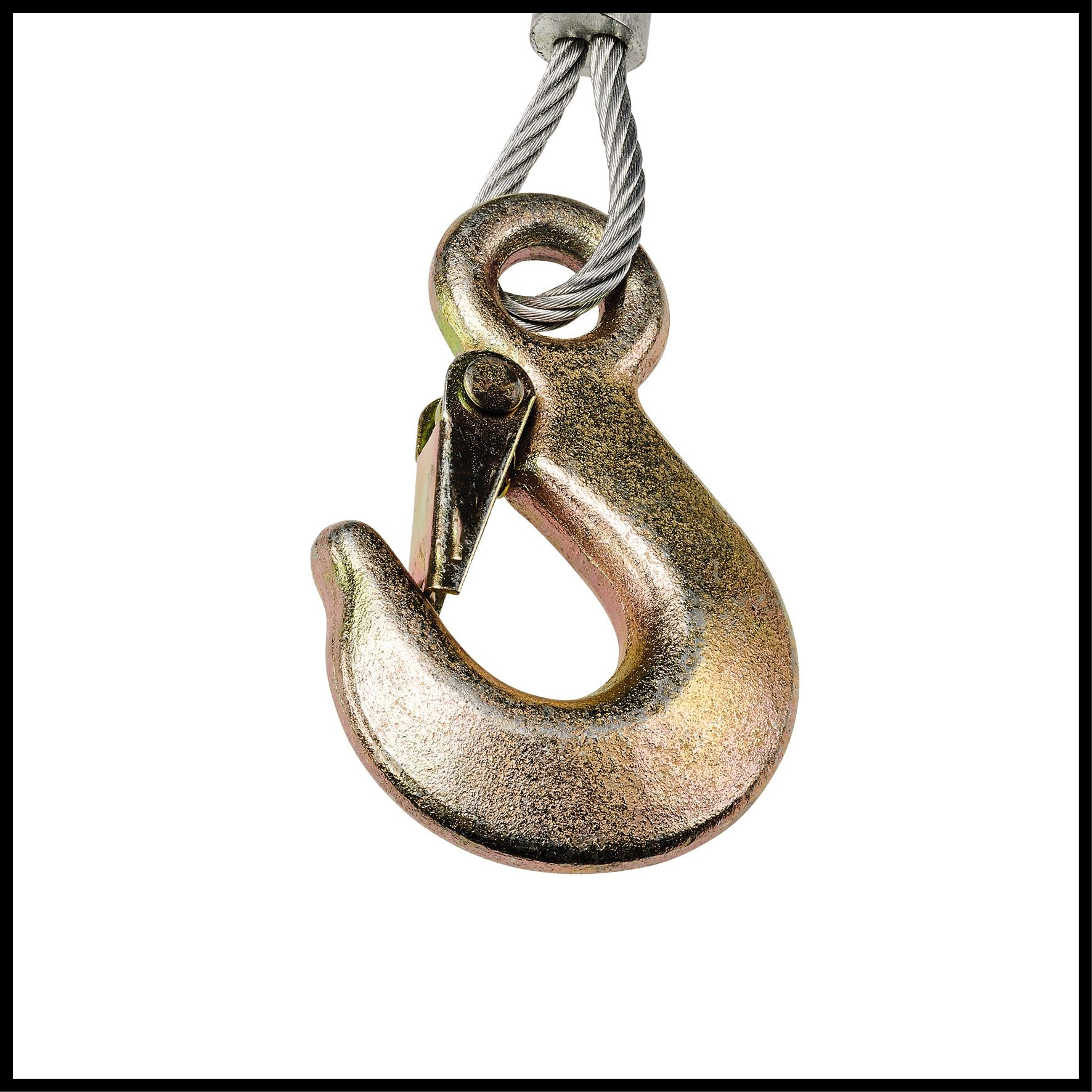 Ein goldfarbener Haken mit einem silbernen Kabel. Der Haken ist offen und abgewinkelt. Der Hintergrund ist weiß.