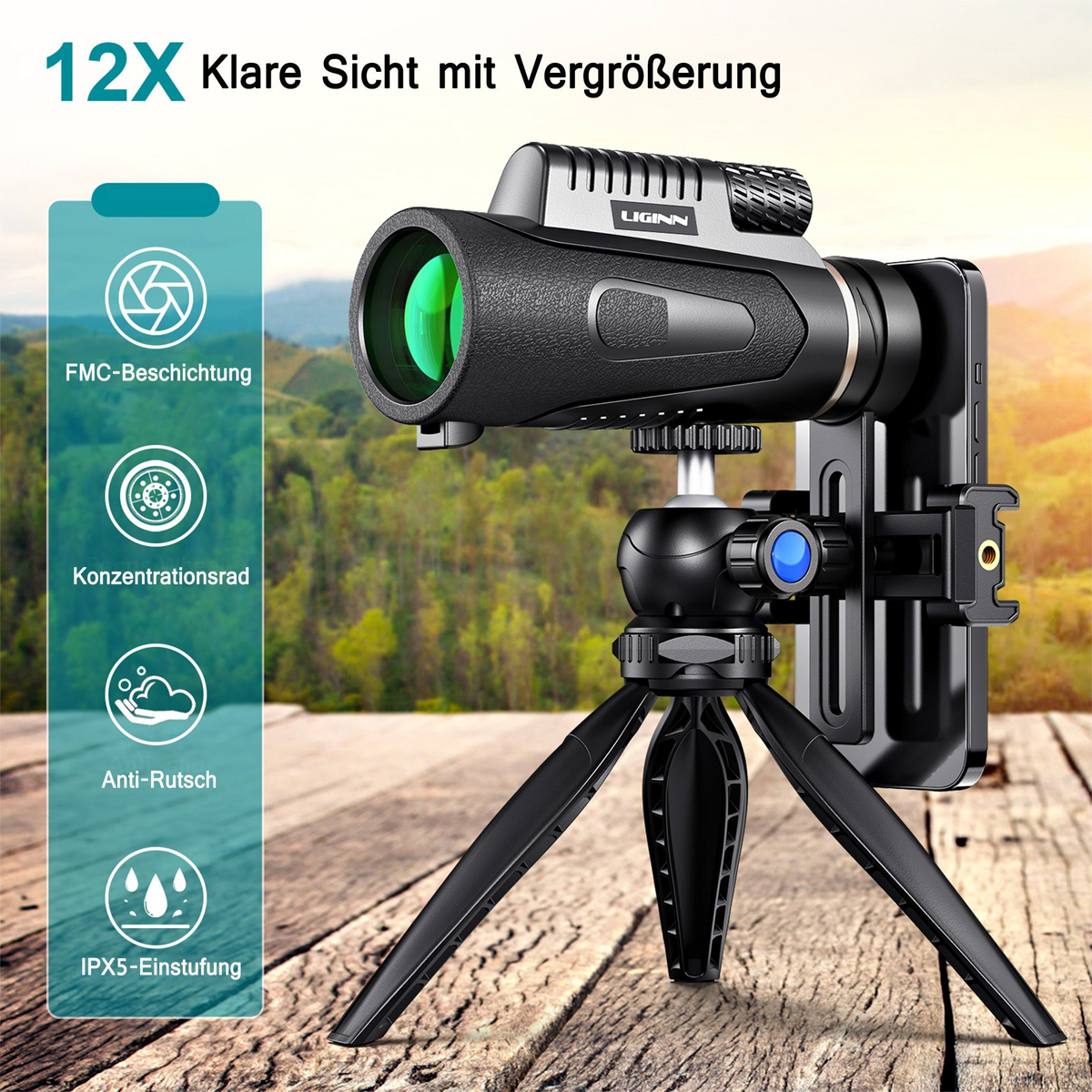 Monokular auf Stativ, grüne Linse, mit Funktionssymbolen auf blauem Hintergrund.