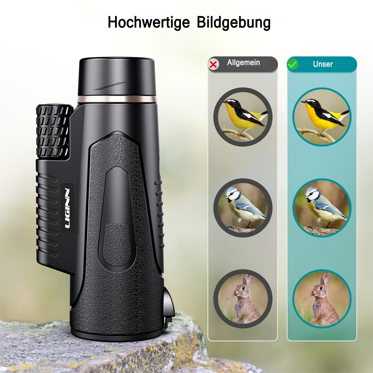 Schwarzes Monokular mit Fokusrad und ein Vergleich der Bildqualität mit Vögeln.