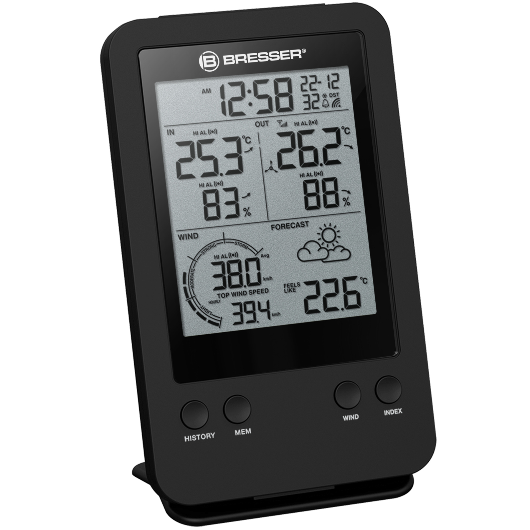 Schwarze Wetterstation mit Temperatur, Wind und Vorhersage auf digitalem Display. Weißer Hintergrund.