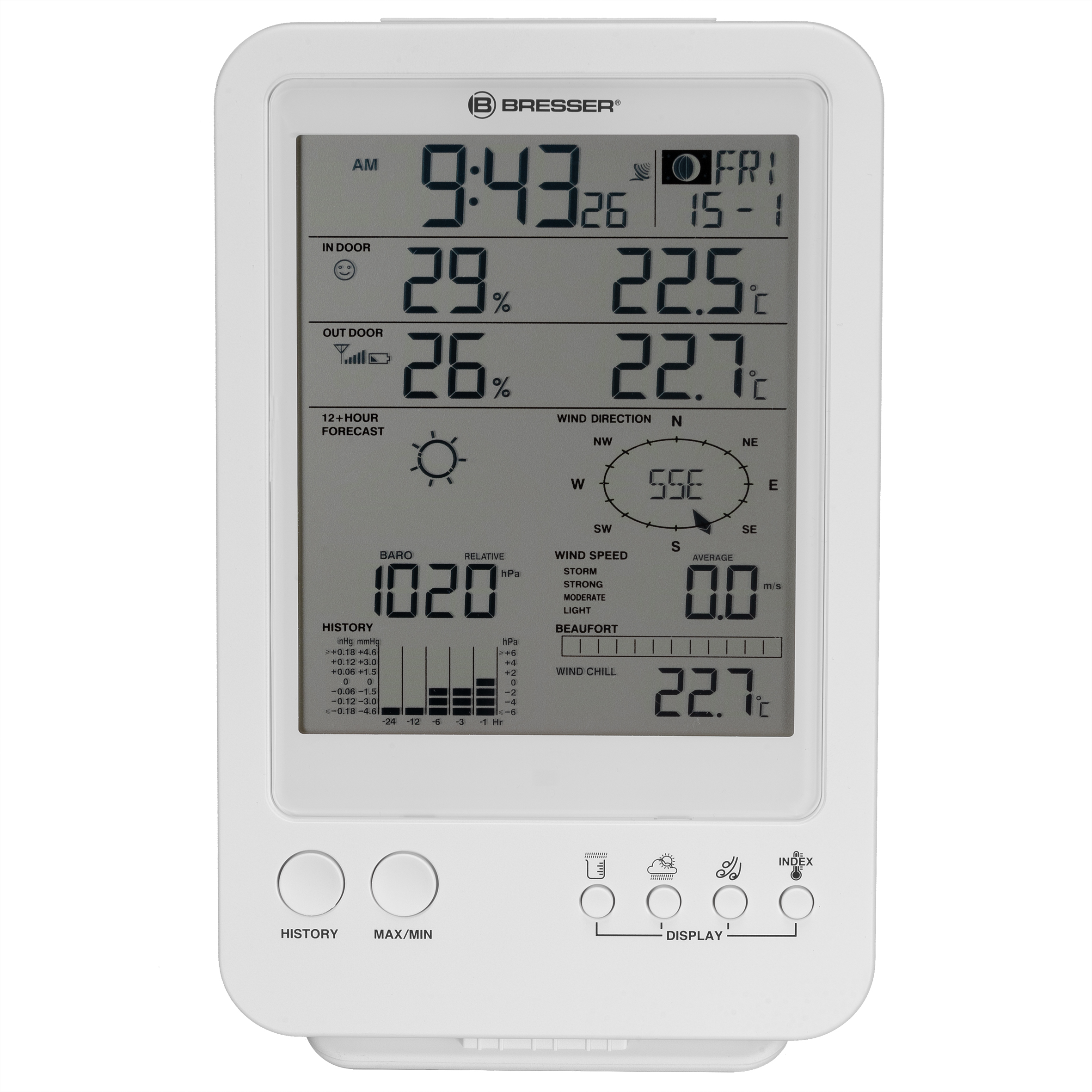 Digitale Wetterstation-Anzeige. Zeigt Zeit, Temperatur, Luftfeuchtigkeit und Wettervorhersage.