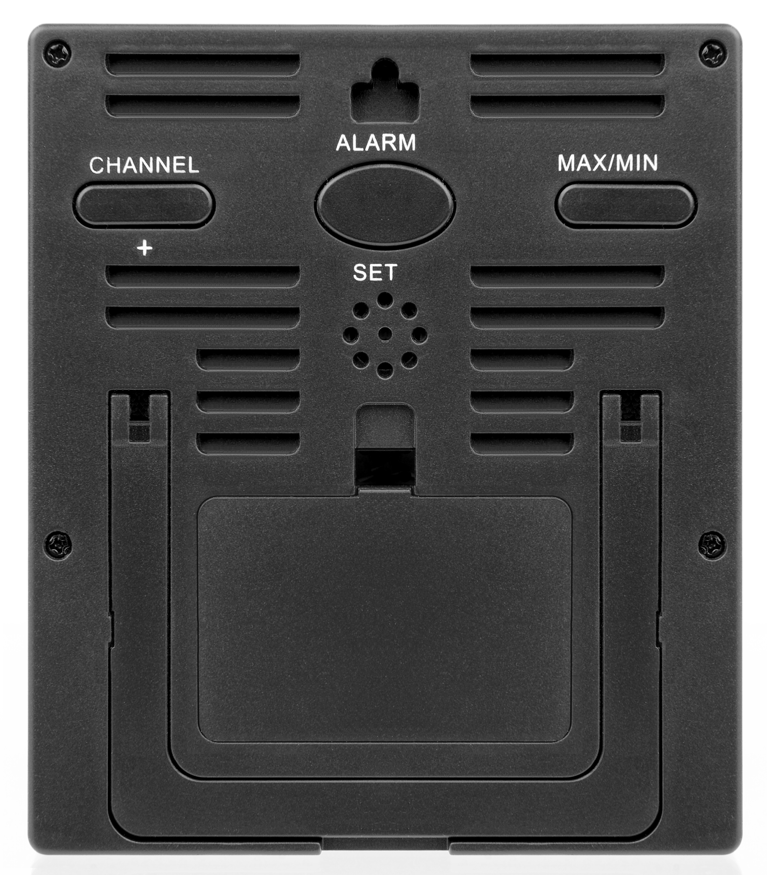 Parte trasera de un reloj digital negro con botones y soporte. Etiquetas de texto y tapa de batería.