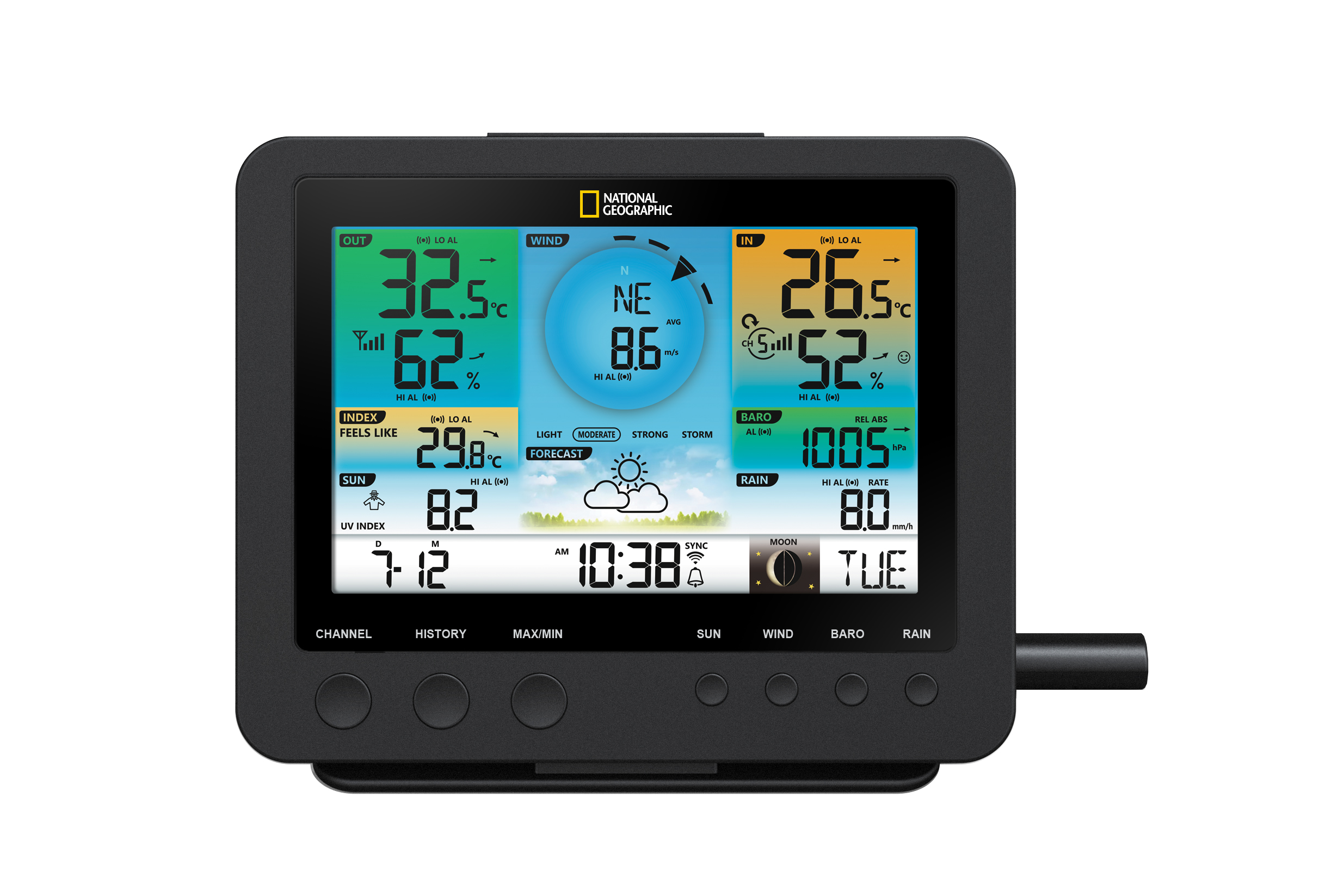 Estación meteorológica National Geographic. Negro con pantalla que muestra temperatura, viento y hora.