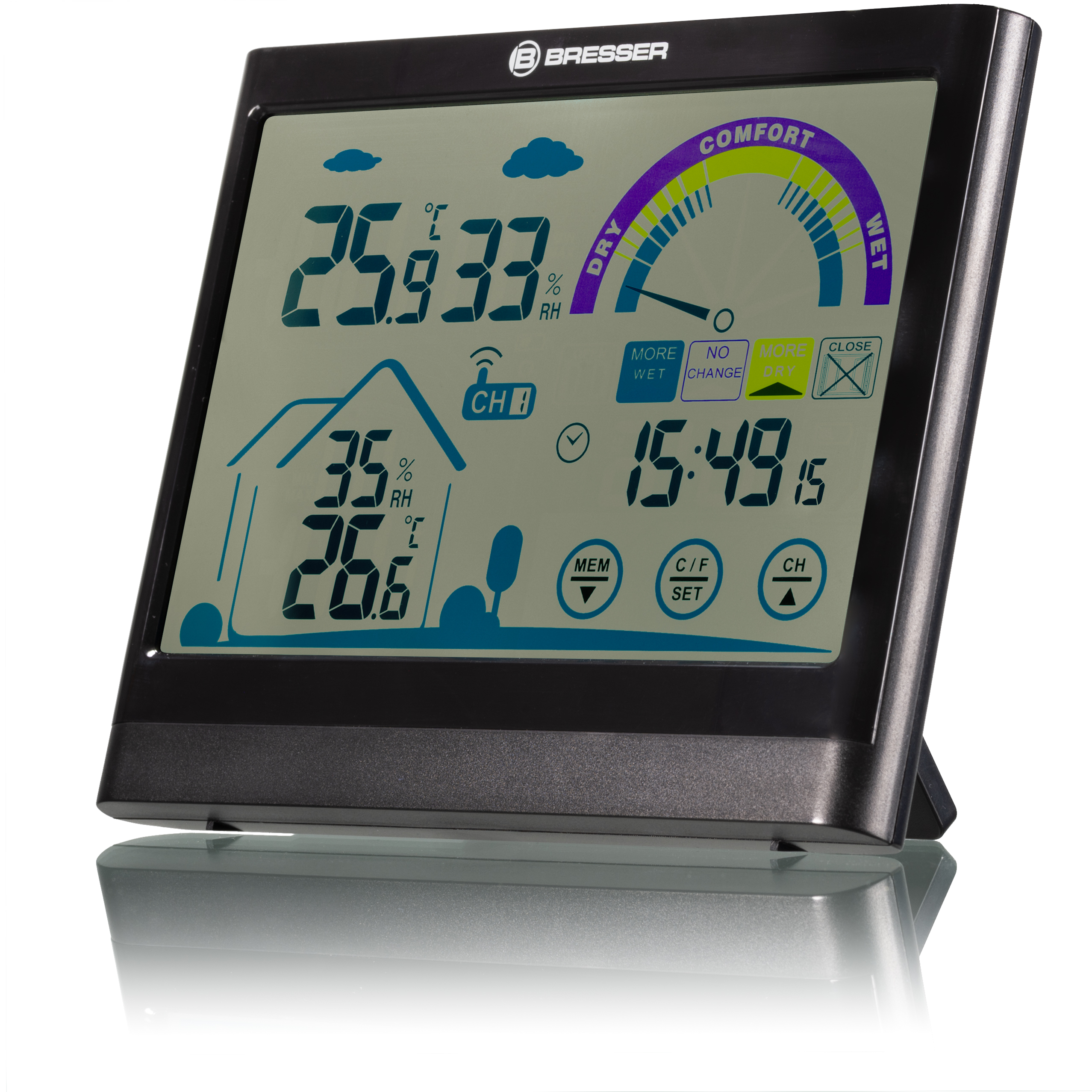 Estación meteorológica negra. Pantalla digital que muestra temperatura, humedad y hora.