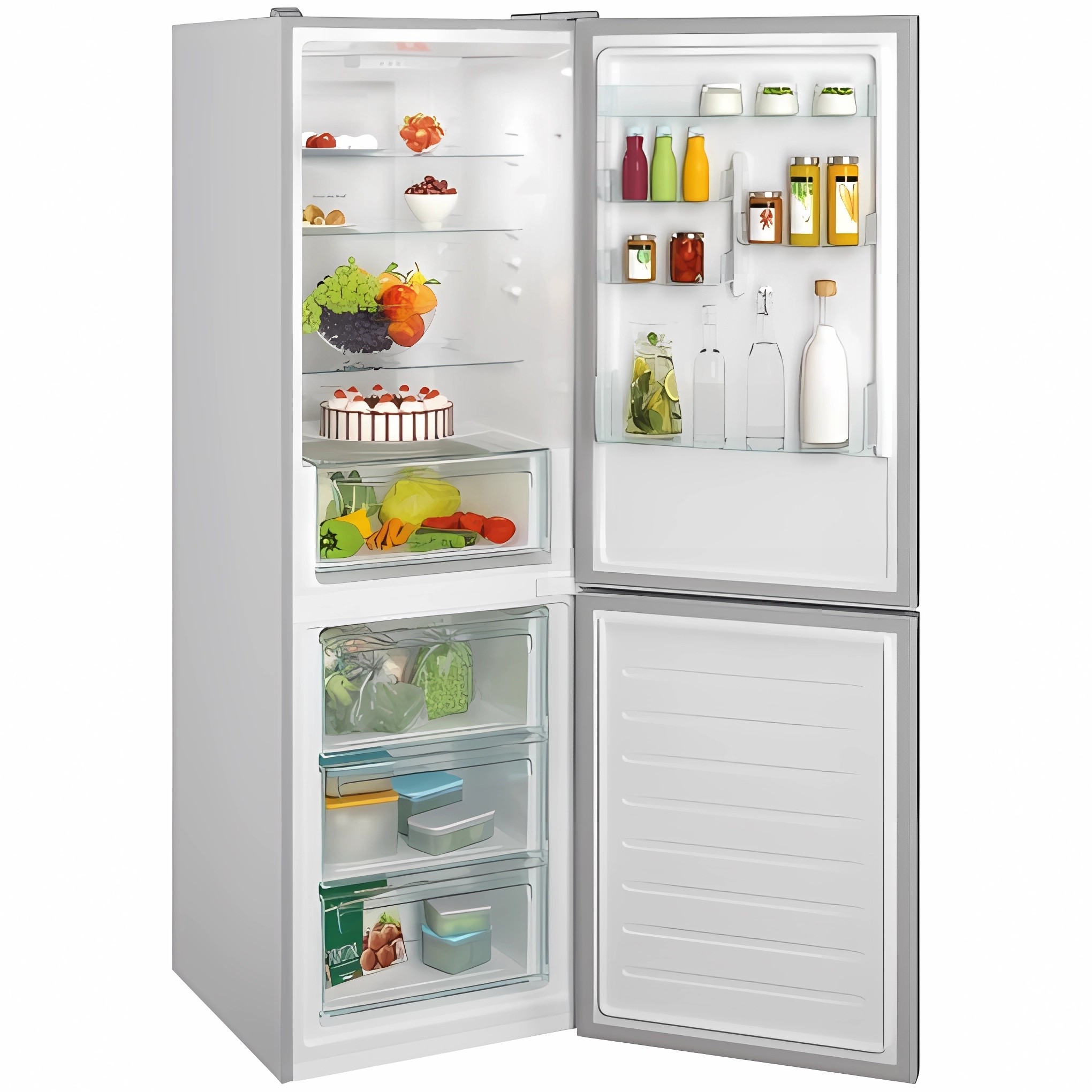 Un refrigerador con las puertas abiertas, lleno de alimentos, frutas, botellas y un pastel. Exterior blanco.
