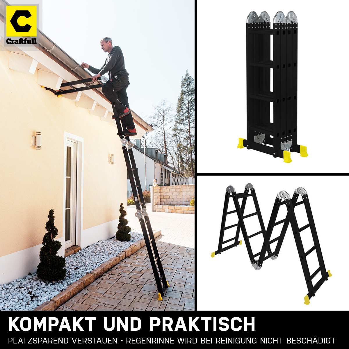 Mann auf einer Leiter an einem Haus und eine Produktwerbung.