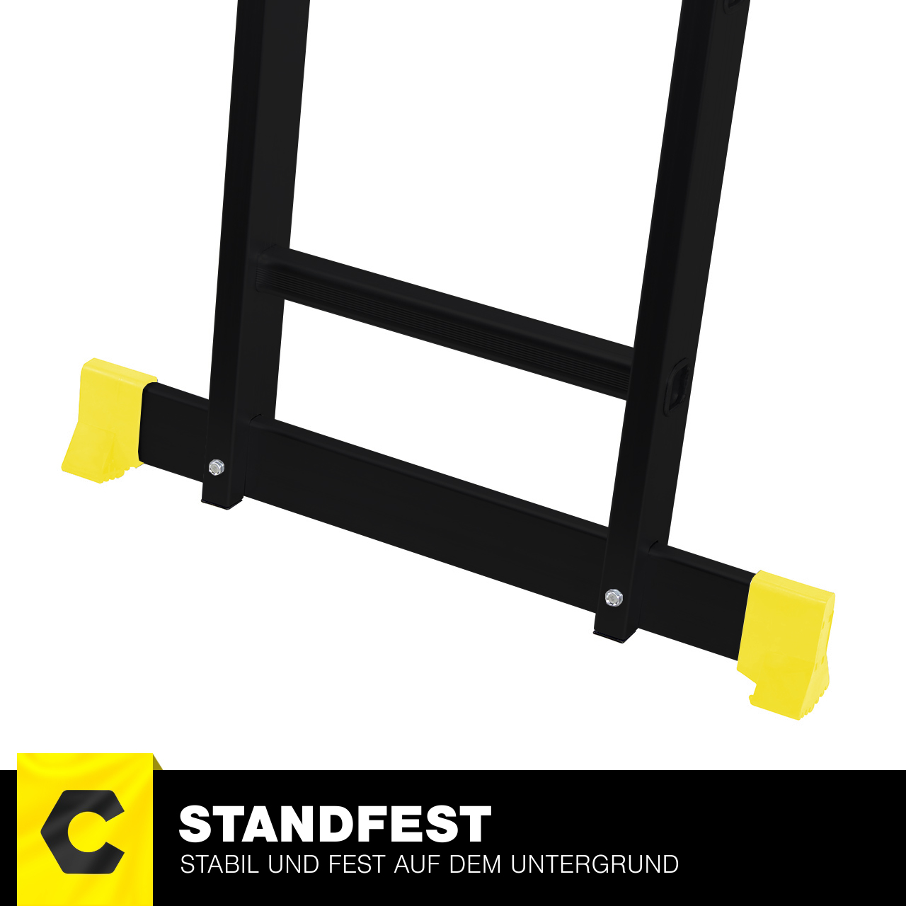Eine schwarze Leiter mit gelben Füßen auf weißer Oberfläche. Darunter steht das Wort STANDFEST.