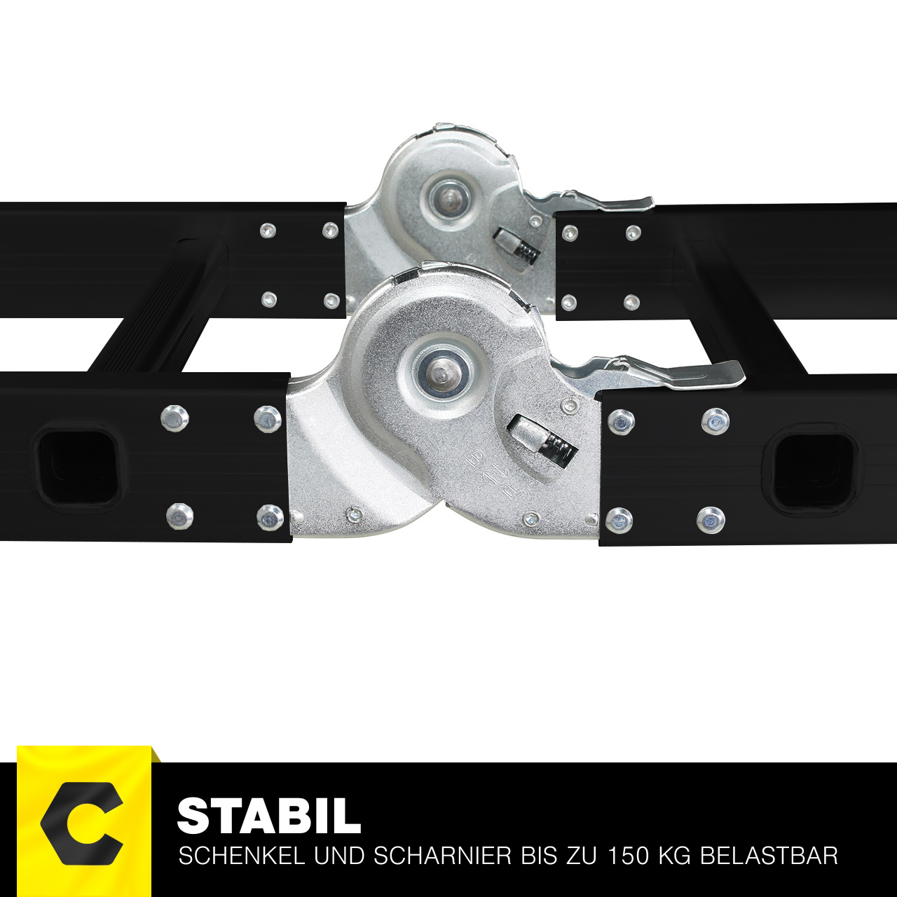 Nahaufnahme eines schwarzen und silbernen Metallscharniers. Text unten: 'STABIL' und '150 KG'.