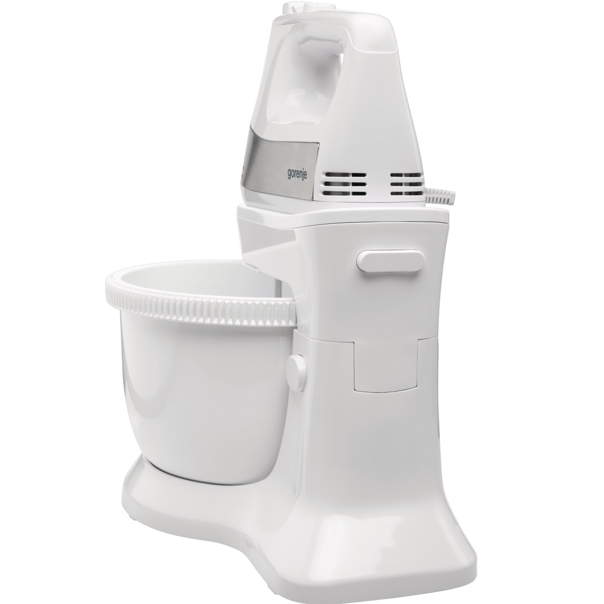 Weißer Küchenmixer. Weißer Sockel und Schüssel, mit Griff.